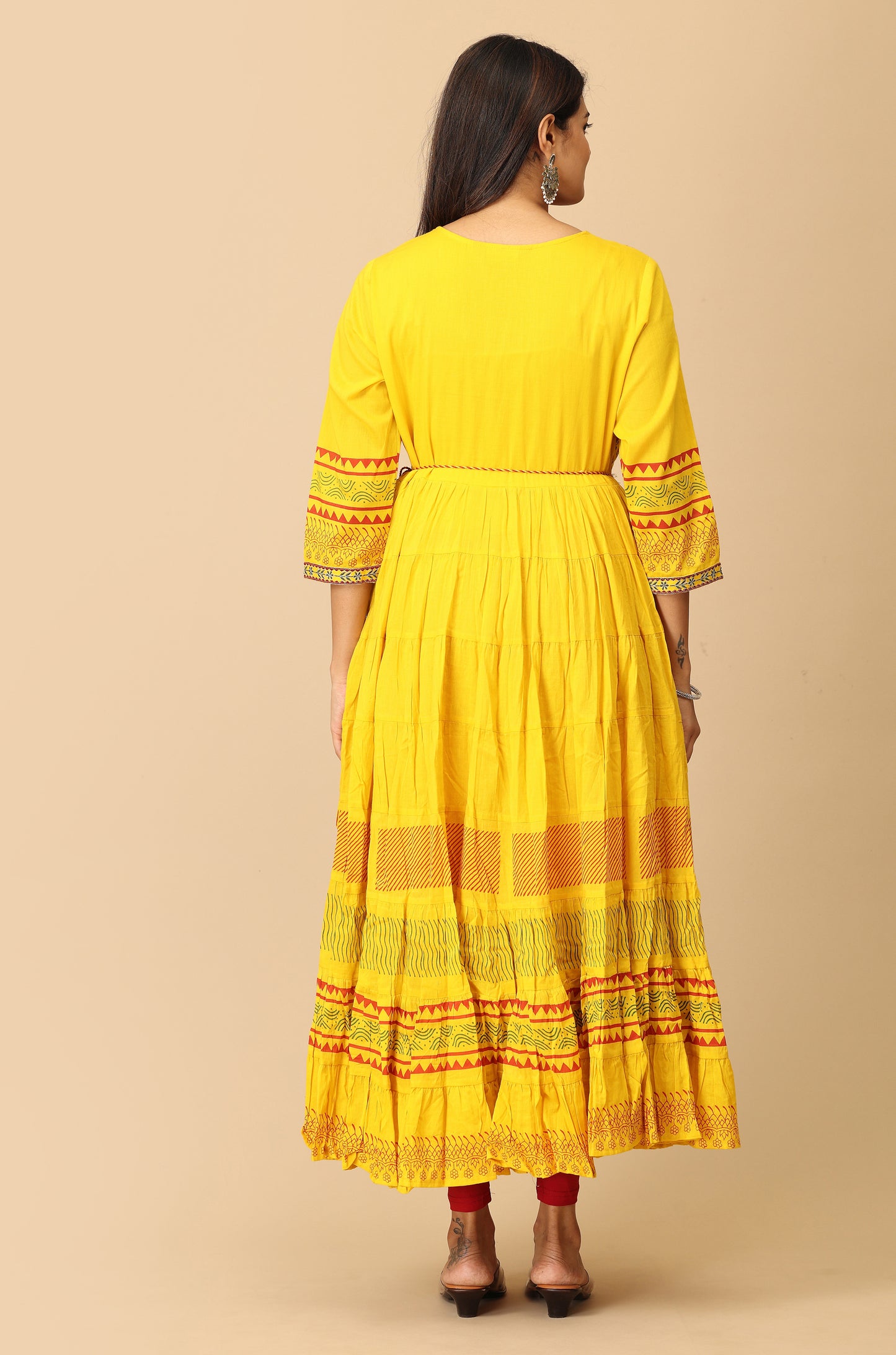 Yellow Printed Cotton Frills with Pleated Anarkali