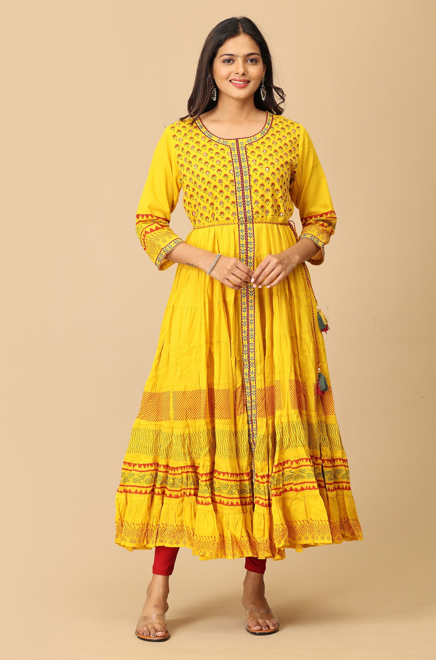 Yellow Printed Cotton Frills with Pleated Anarkali