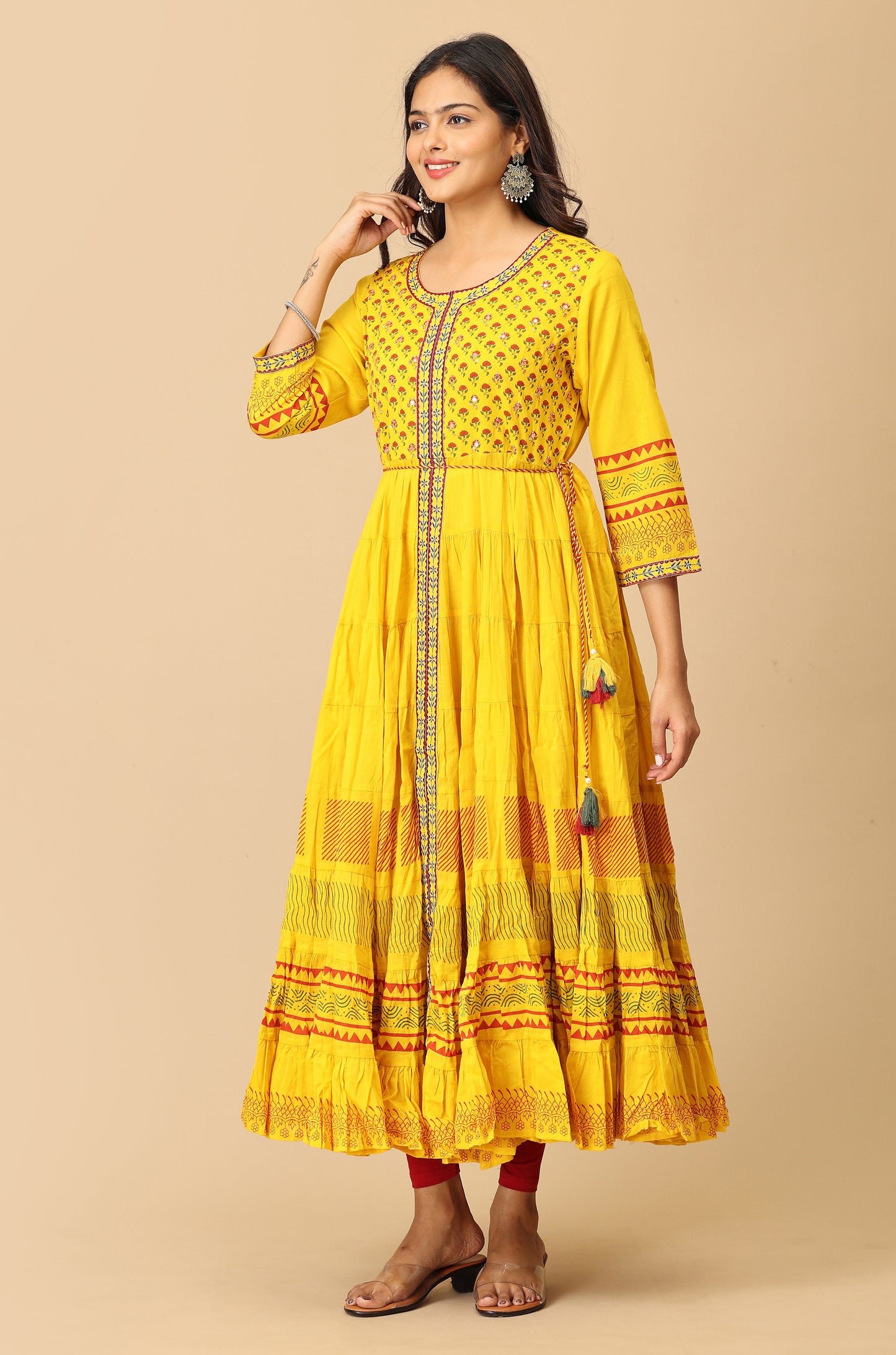 Yellow Printed Cotton Frills with Pleated Anarkali
