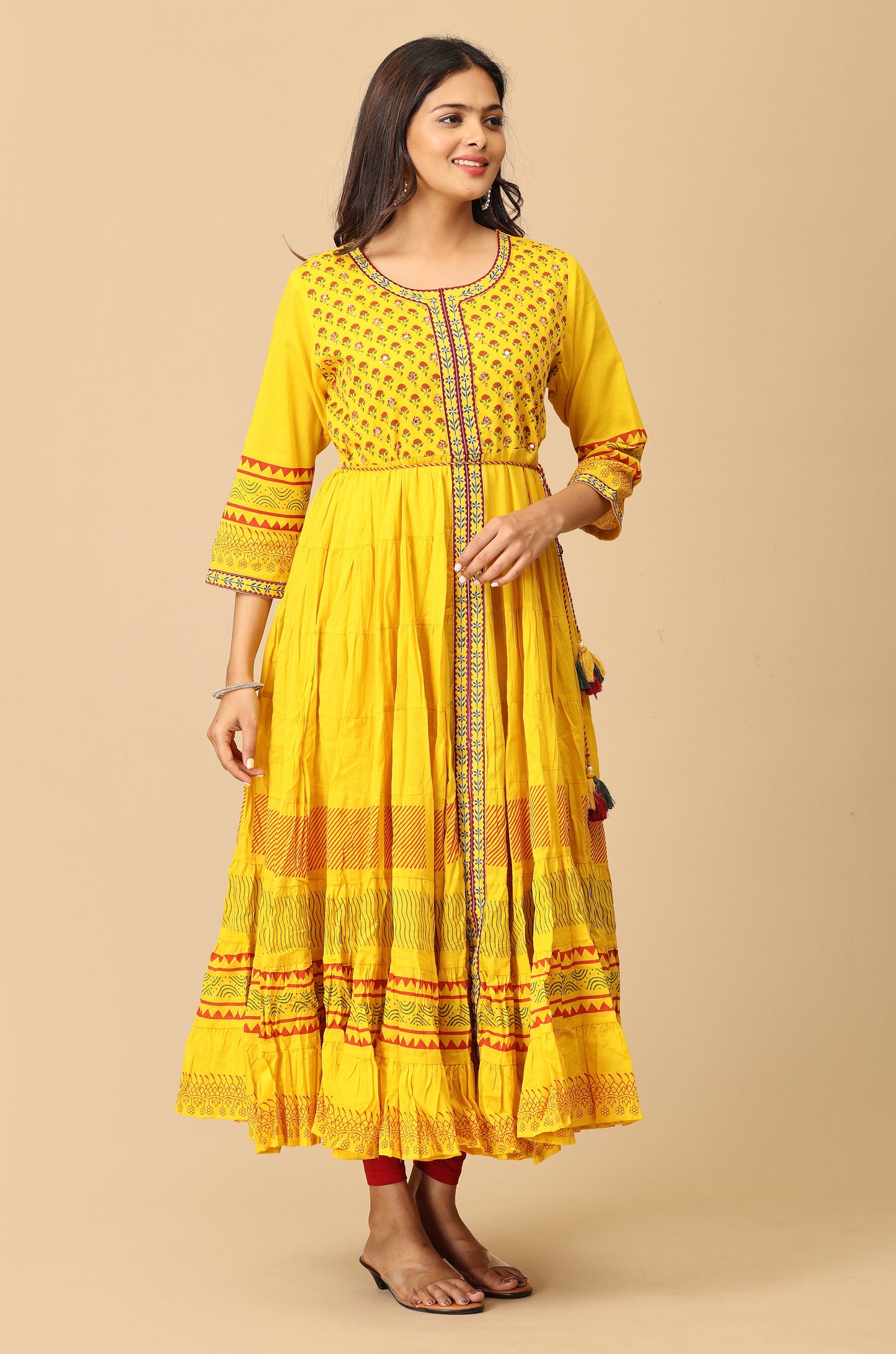 Yellow Printed Cotton Frills with Pleated Anarkali