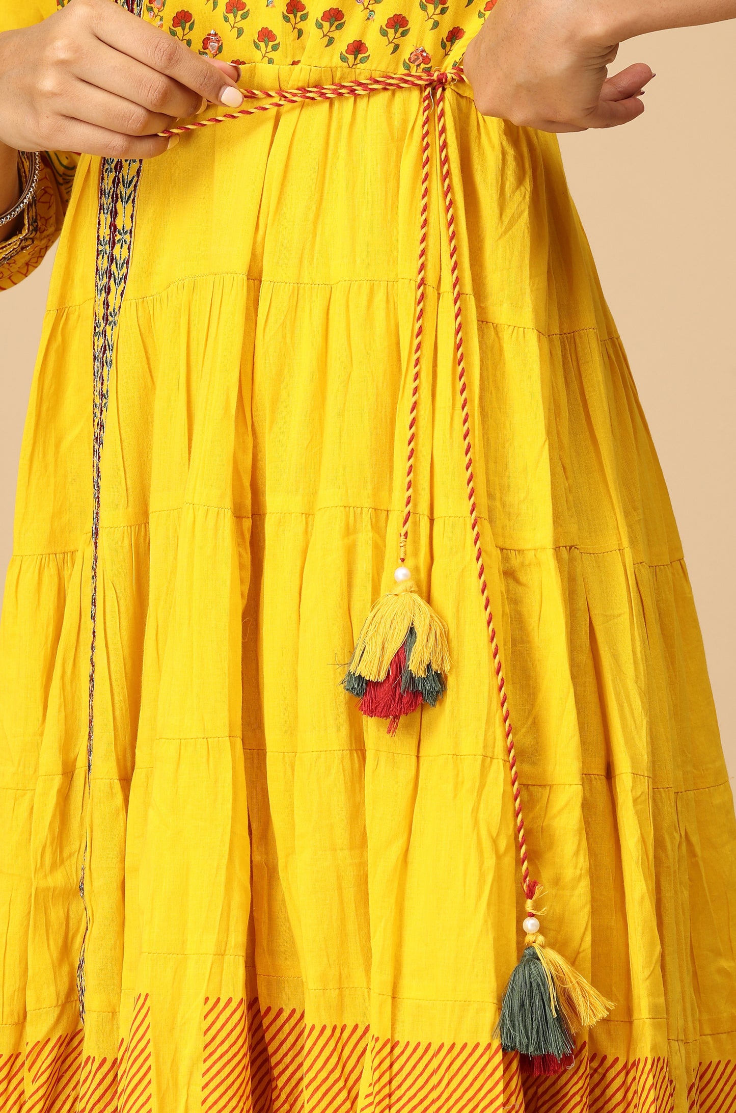 Yellow Printed Cotton Frills with Pleated Anarkali