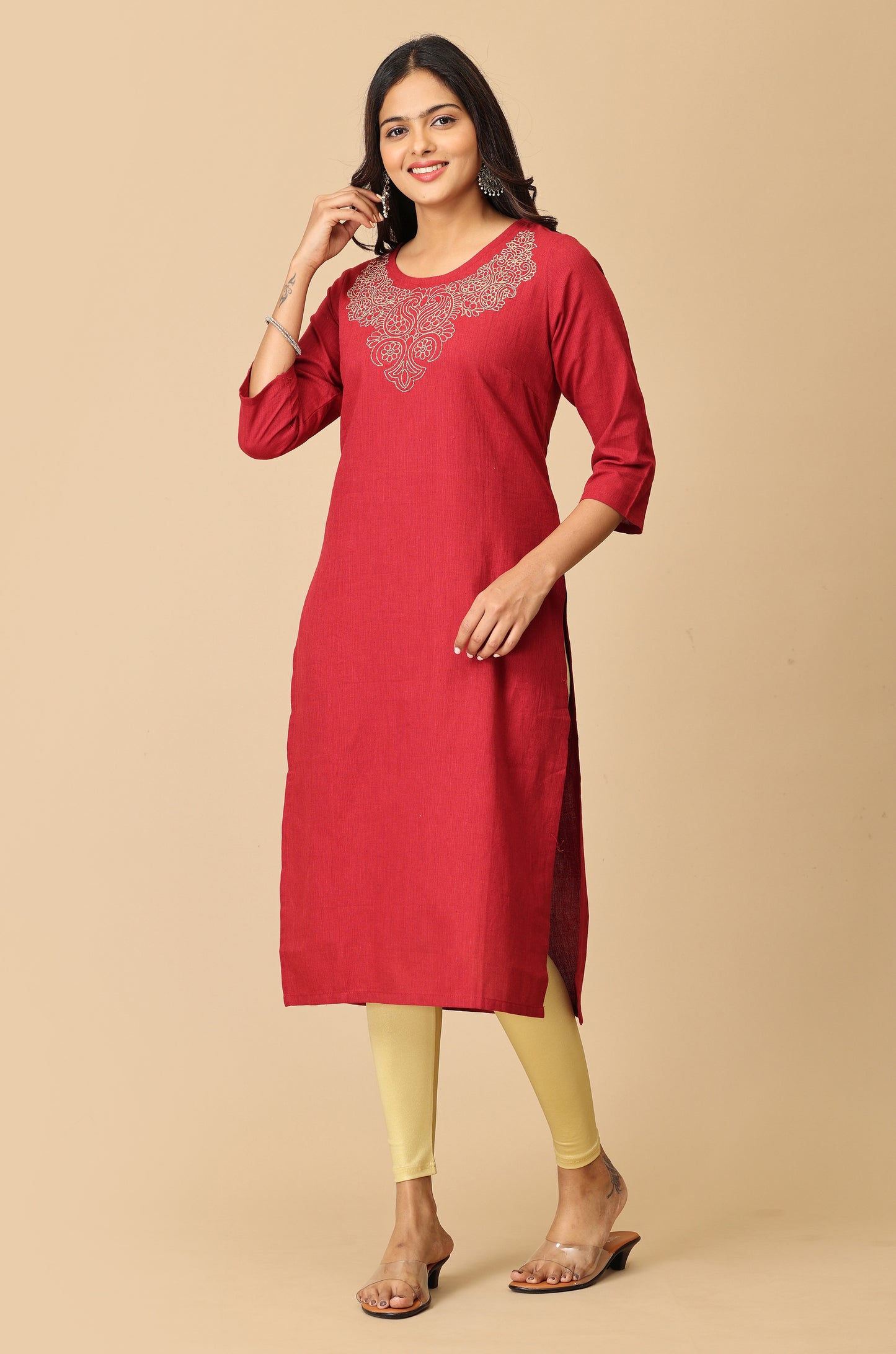 Maroon Neck Zari Embroidery Kurti