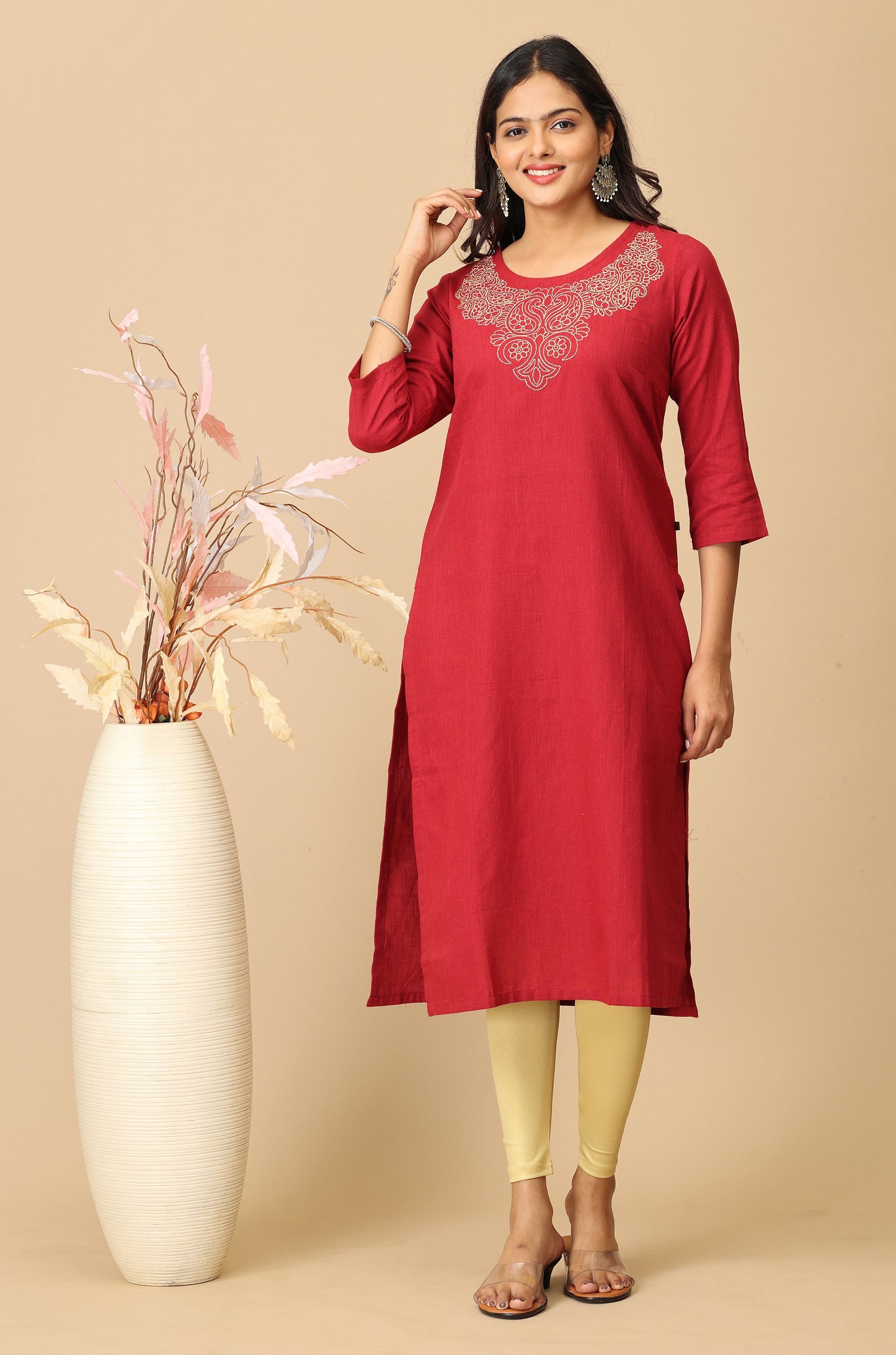 Maroon Neck Zari Embroidery Kurti