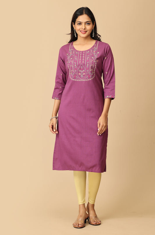 Purple BB Cotton Embroidery Kurti
