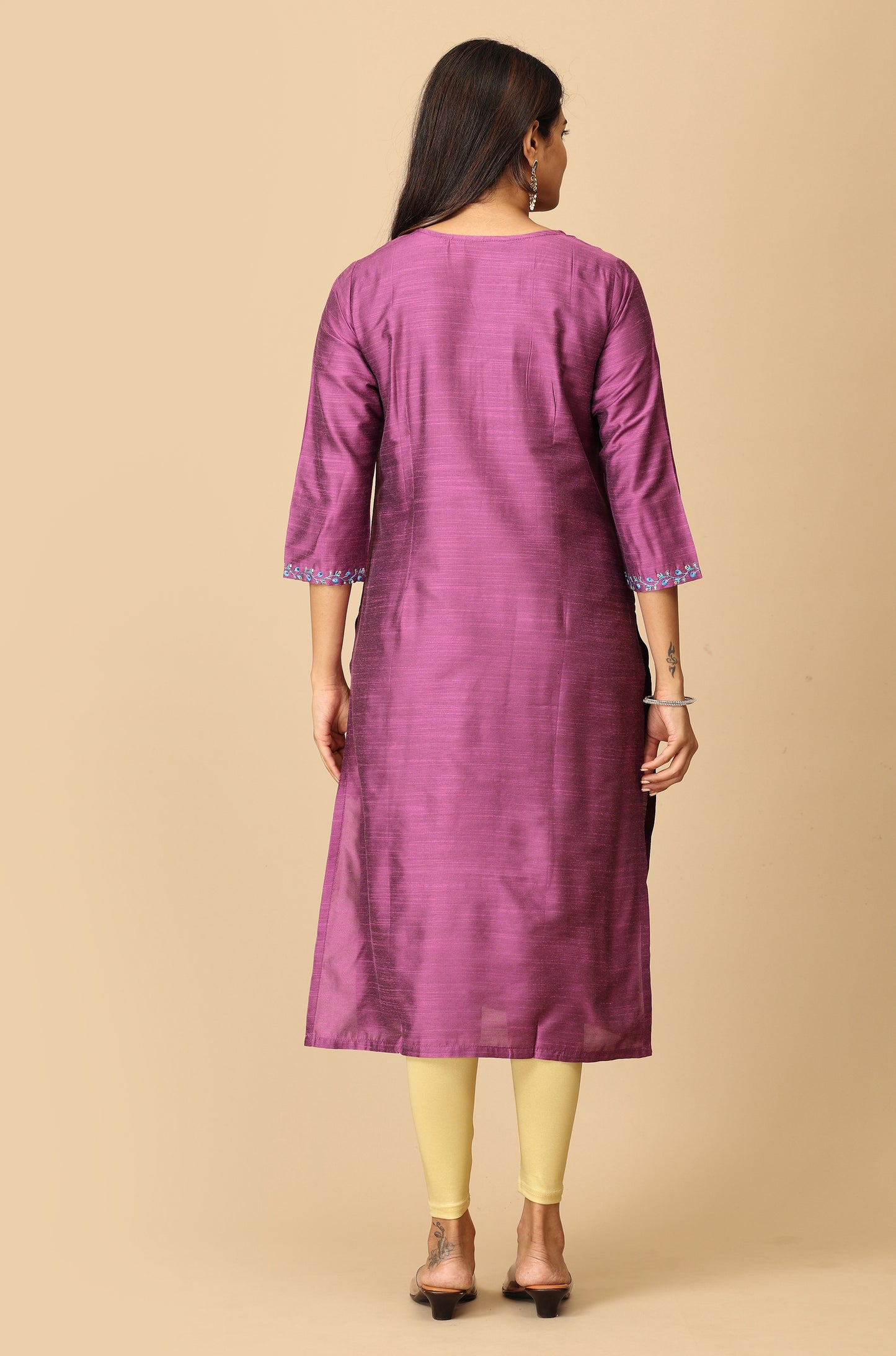 Mauve Slub Silk Straight Embroidery Kurti
