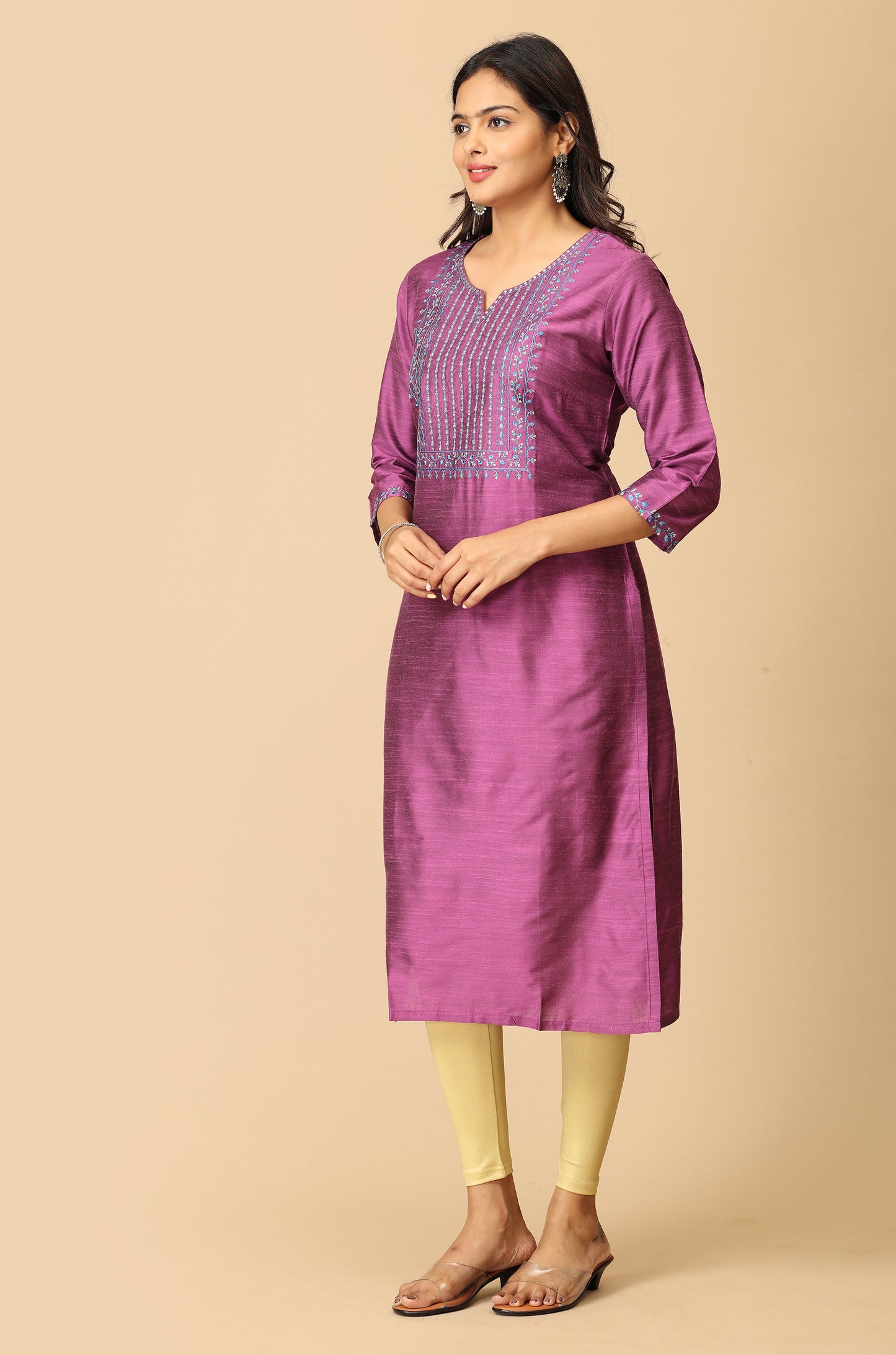 Mauve Slub Silk Straight Embroidery Kurti