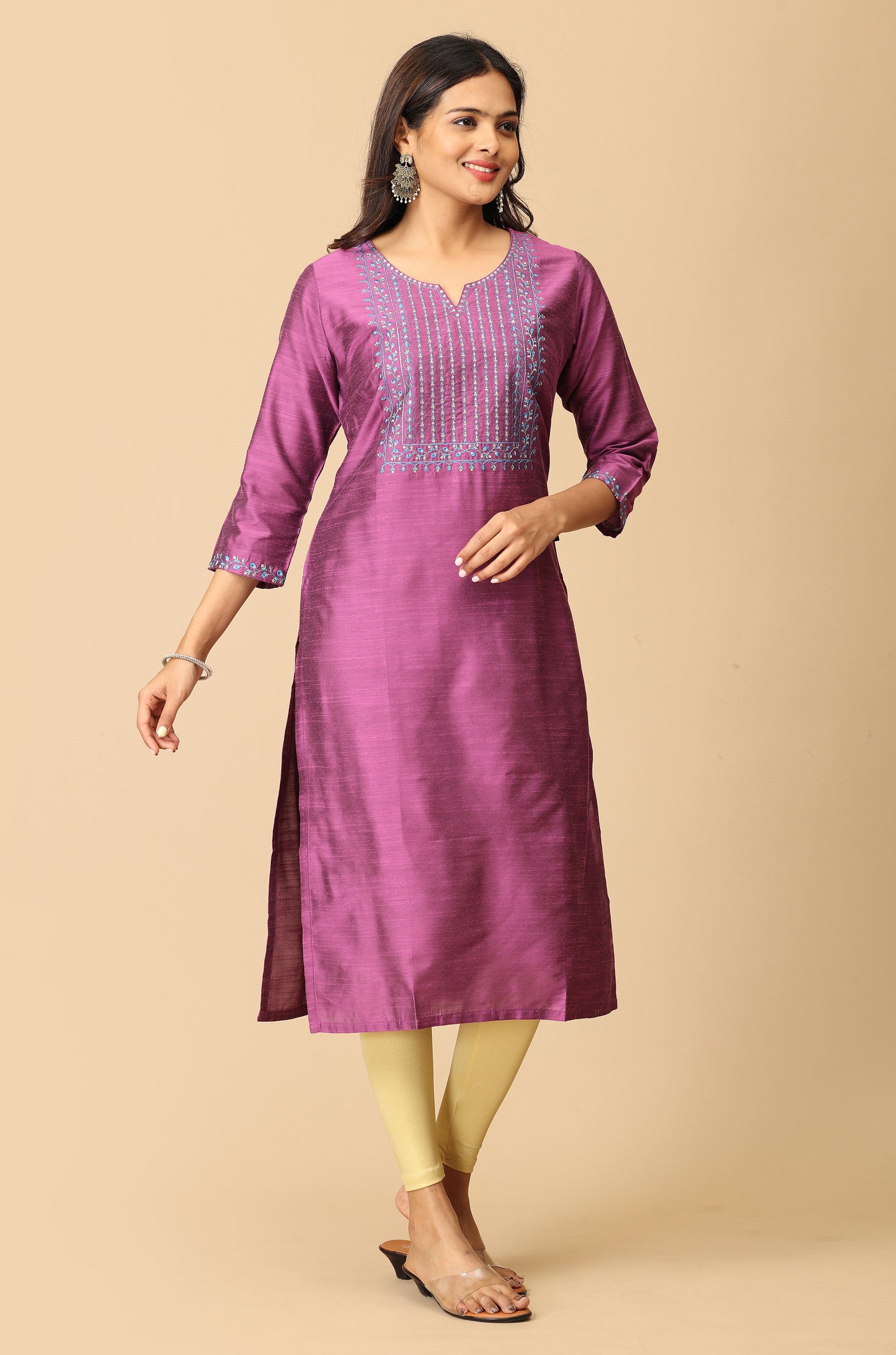 Mauve Slub Silk Straight Embroidery Kurti