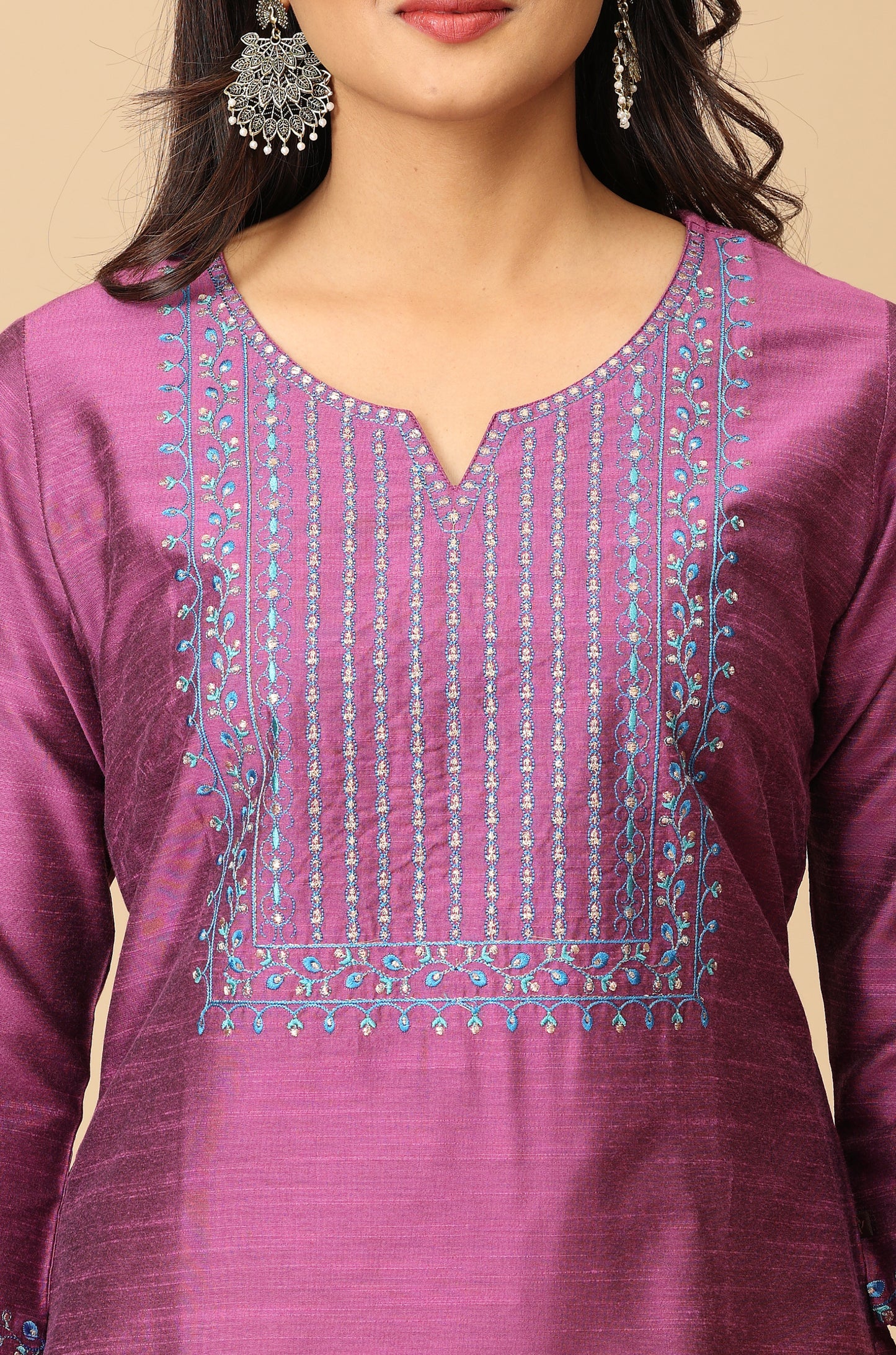 Mauve Slub Silk Straight Embroidery Kurti