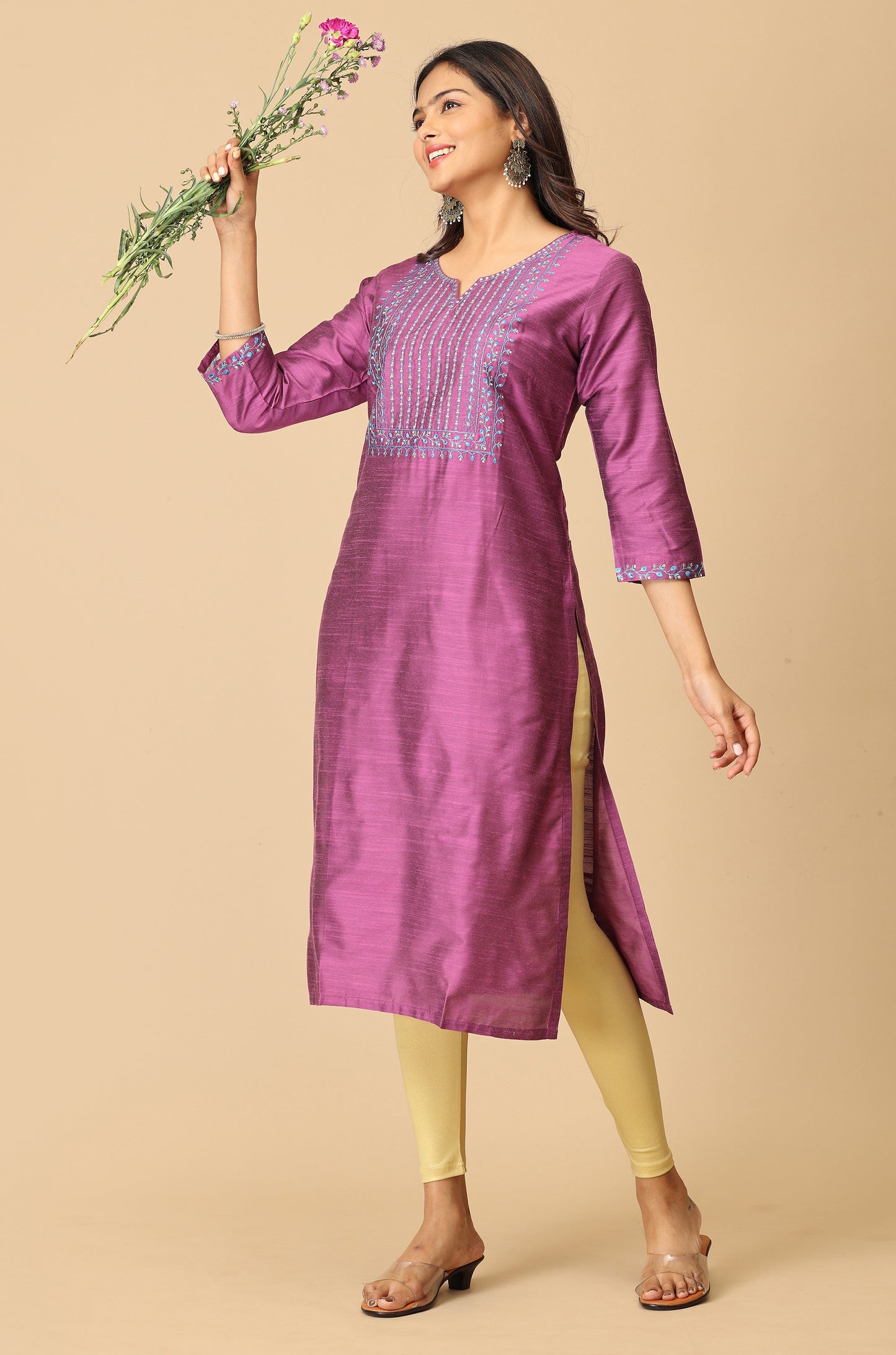 Mauve Slub Silk Straight Embroidery Kurti