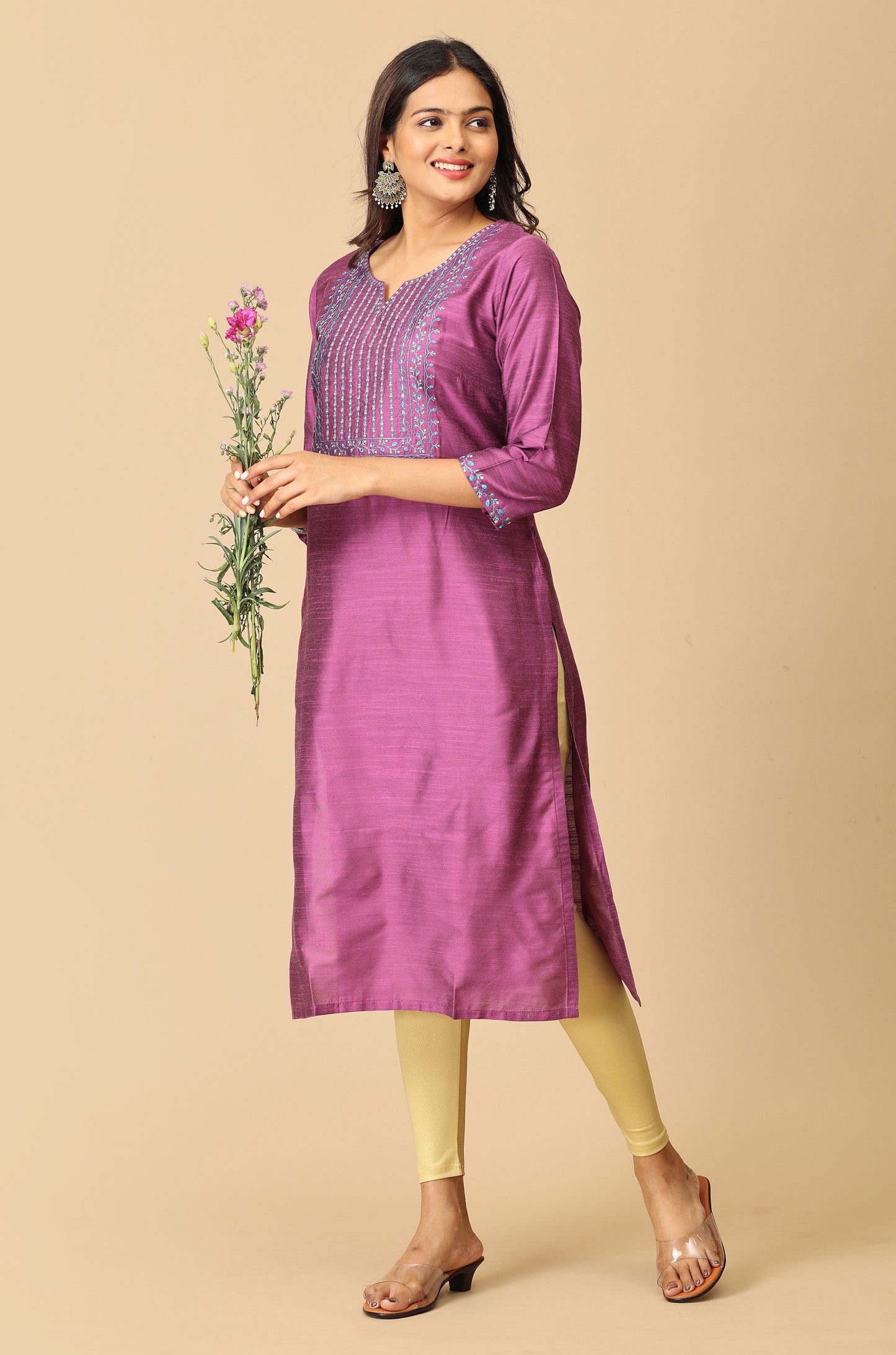 Mauve Slub Silk Straight Embroidery Kurti
