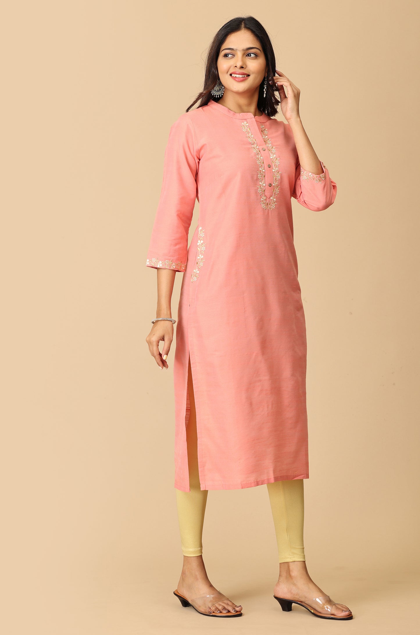 Peach Slub Silk Embroidery with Pocket