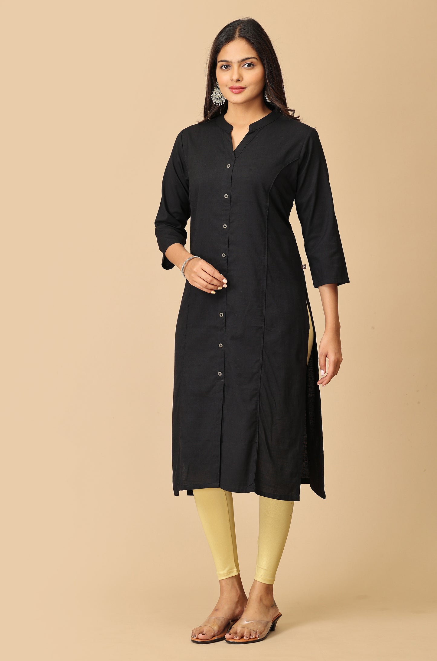 Black Rayon Slub Solid Princess Cut Kurti