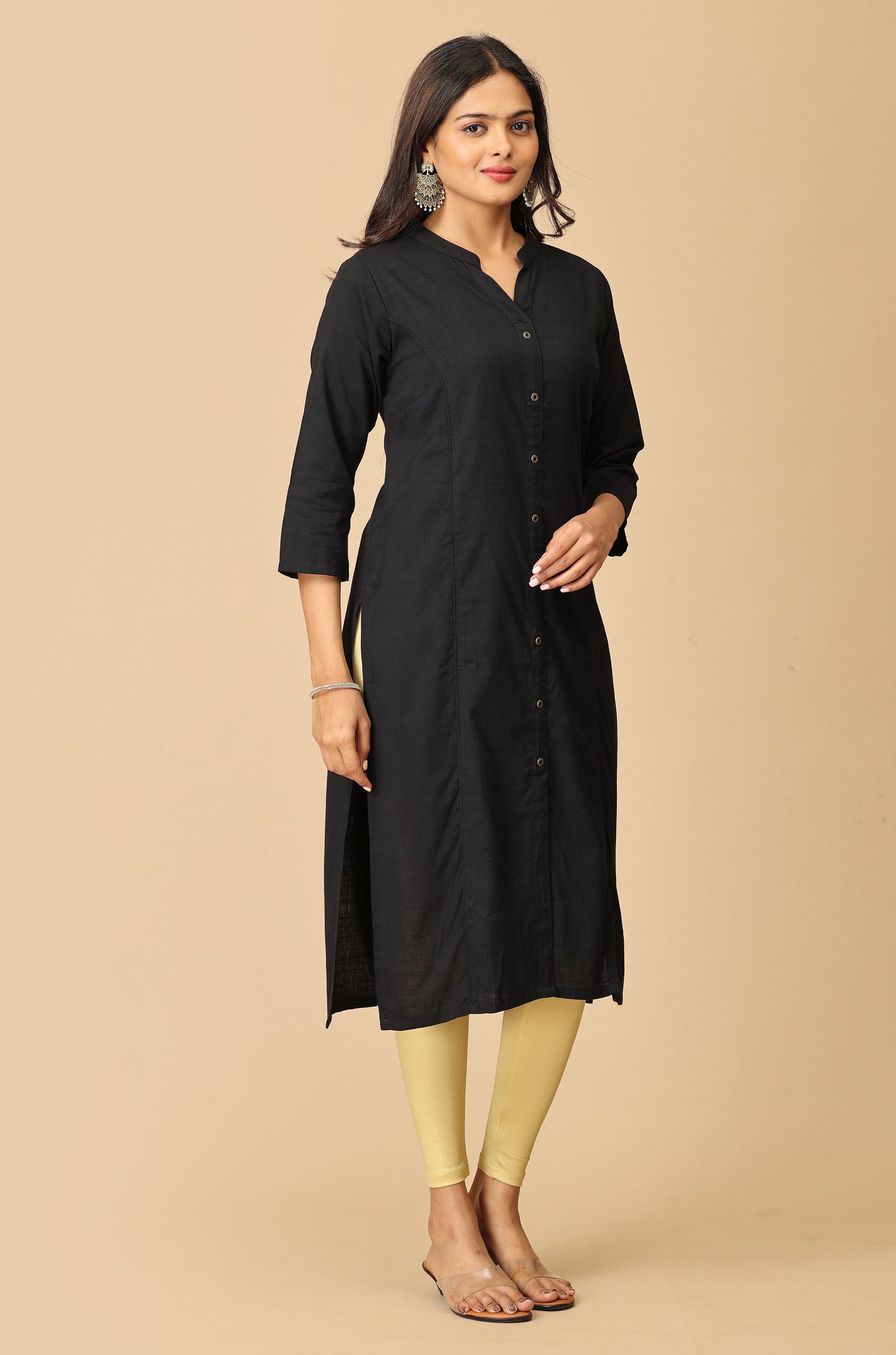 Black Rayon Slub Solid Princess Cut Kurti