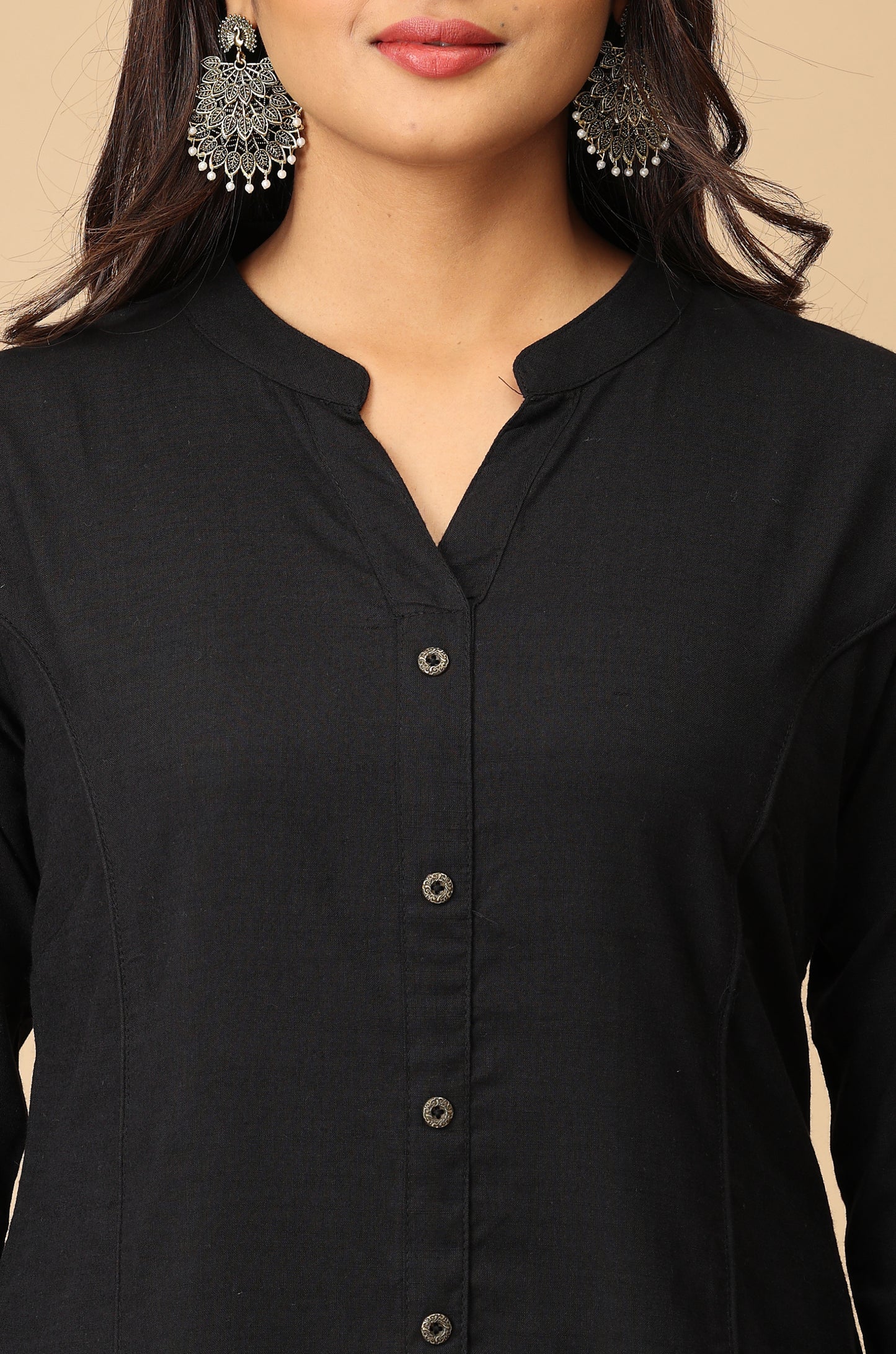 Black Rayon Slub Solid Princess Cut Kurti