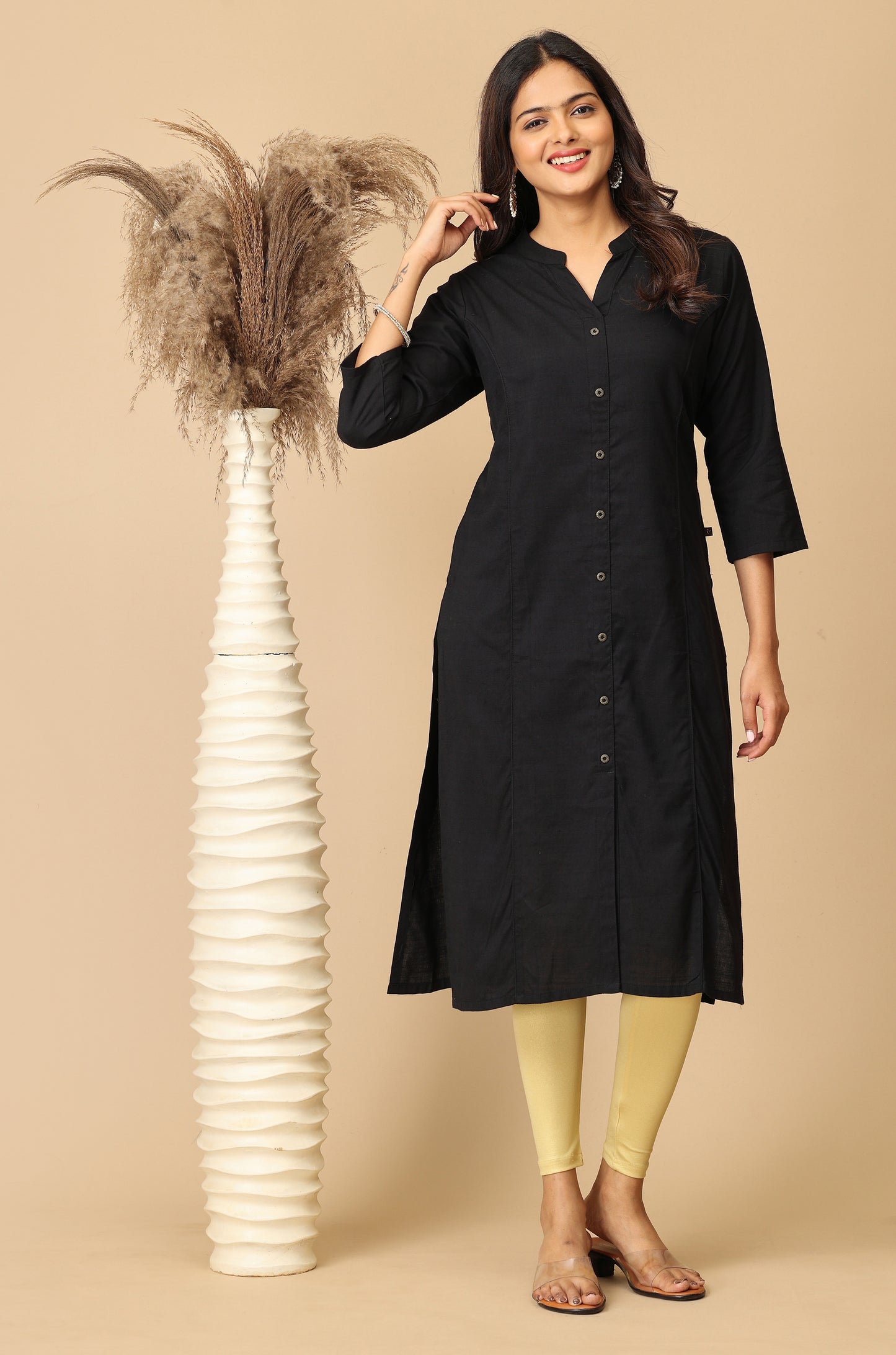 Black Rayon Slub Solid Princess Cut Kurti