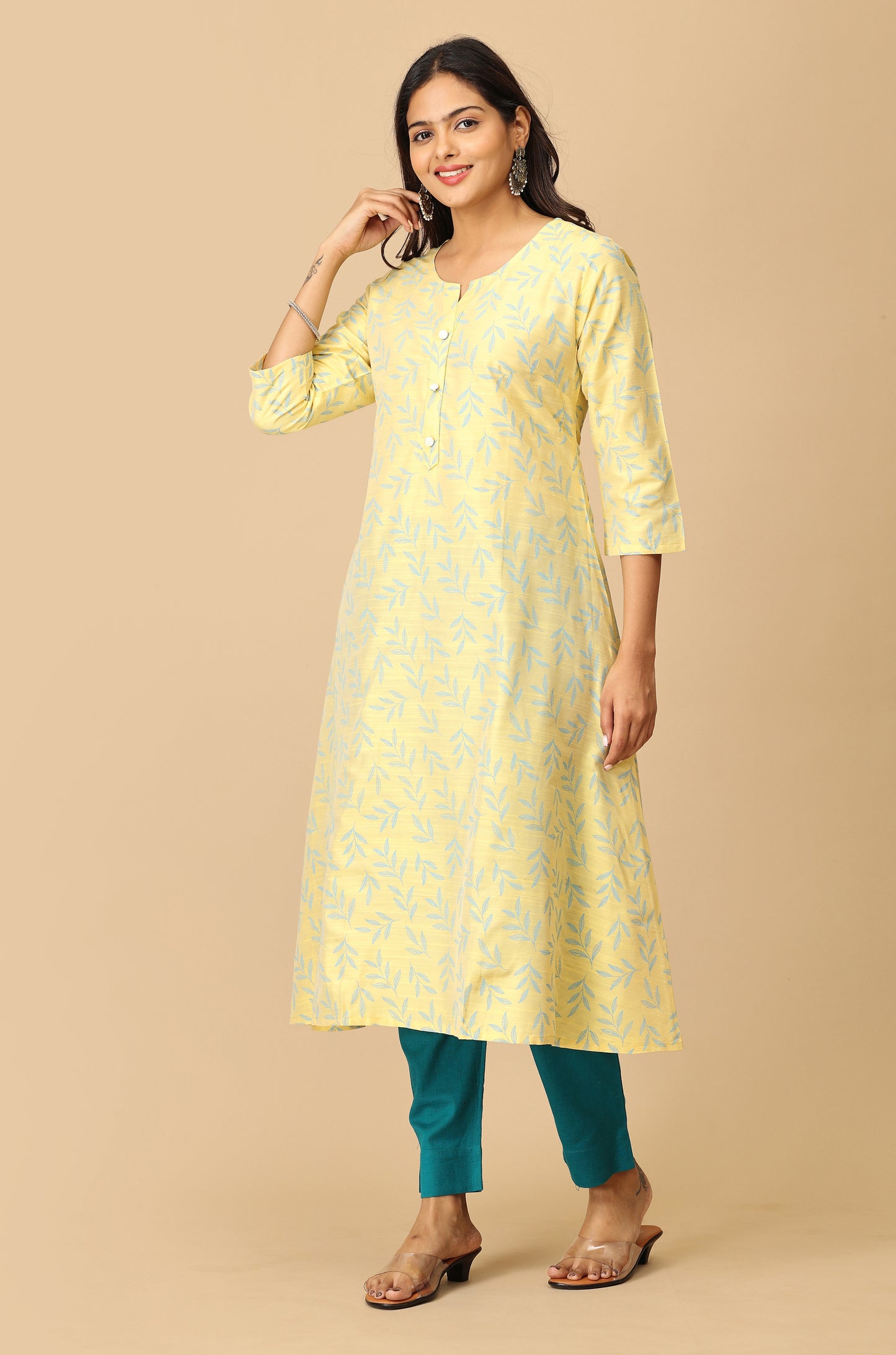 Lemon Slub Silk Printed Kurti