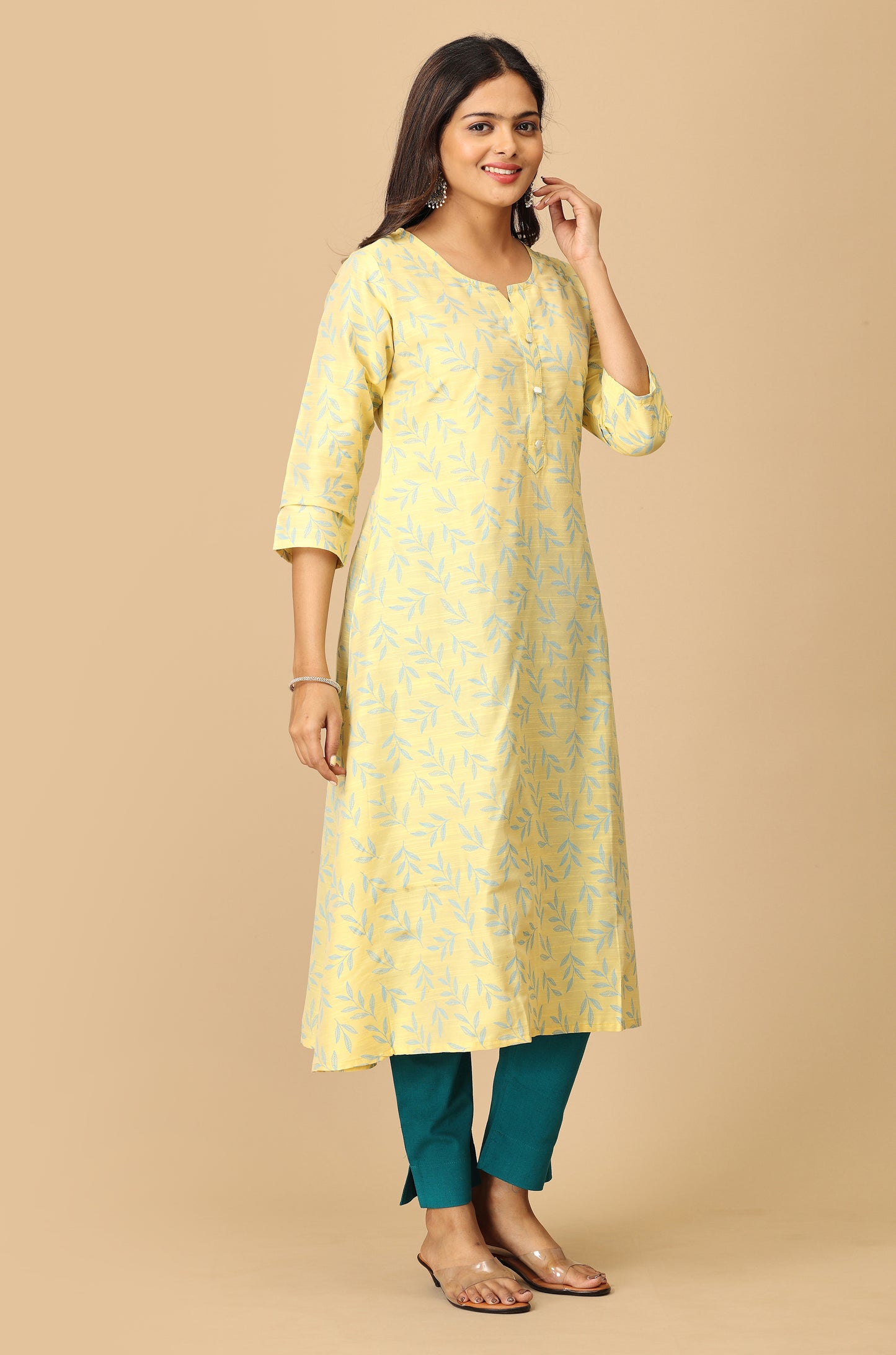 Lemon Slub Silk Printed Kurti