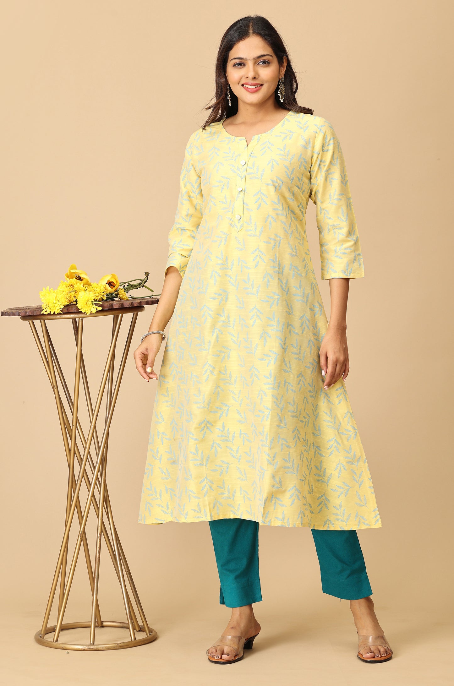 Lemon Slub Silk Printed Kurti