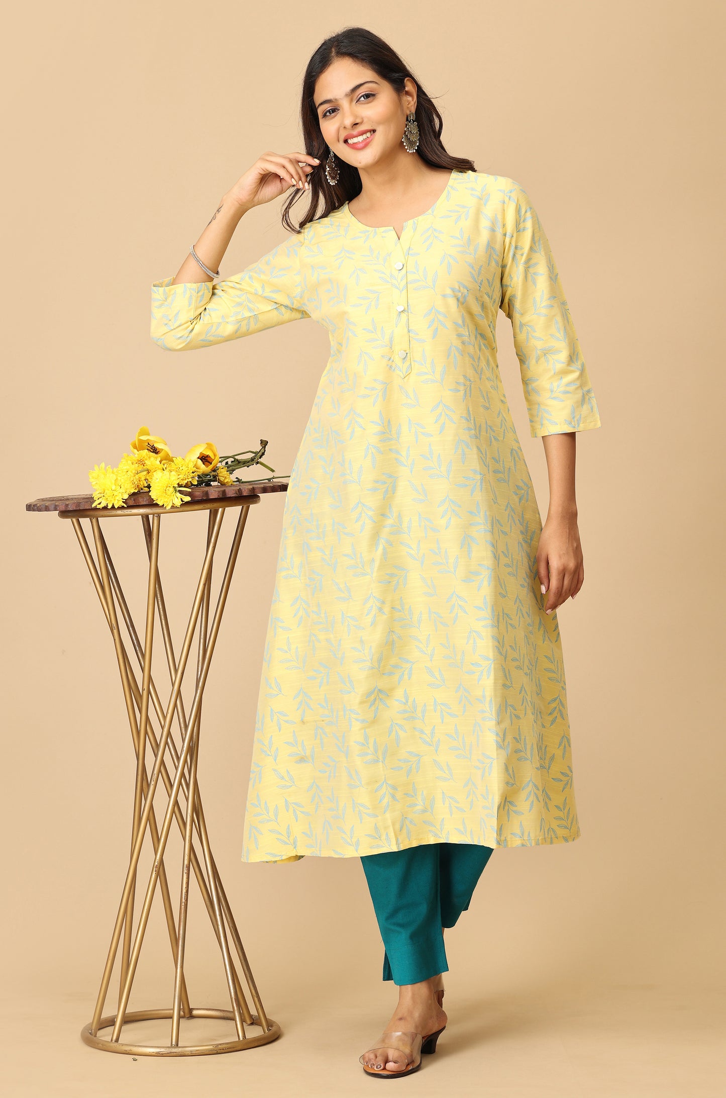 Lemon Slub Silk Printed Kurti