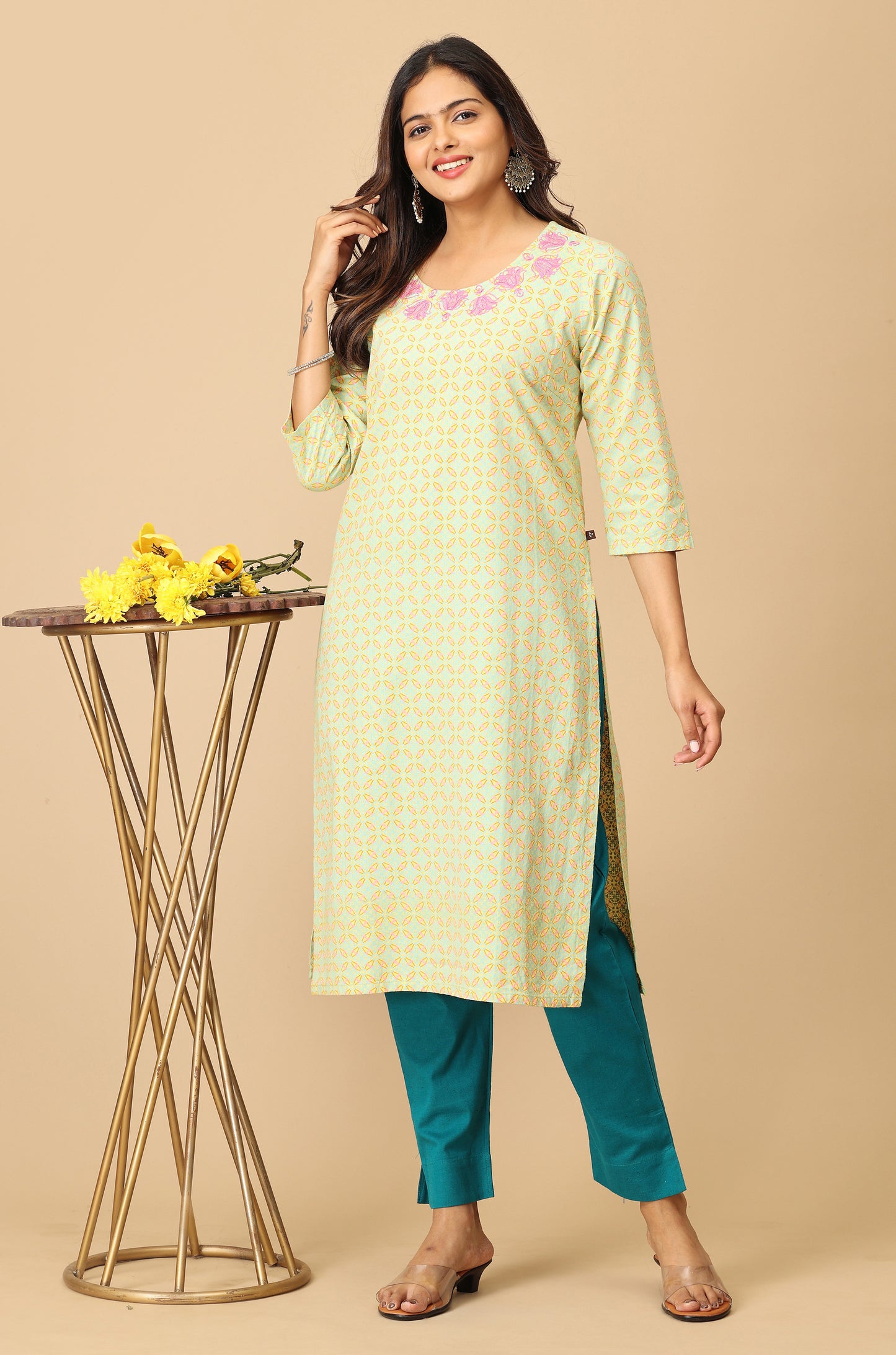 Lemon Khadi Print with Neck Embroidery Kurti