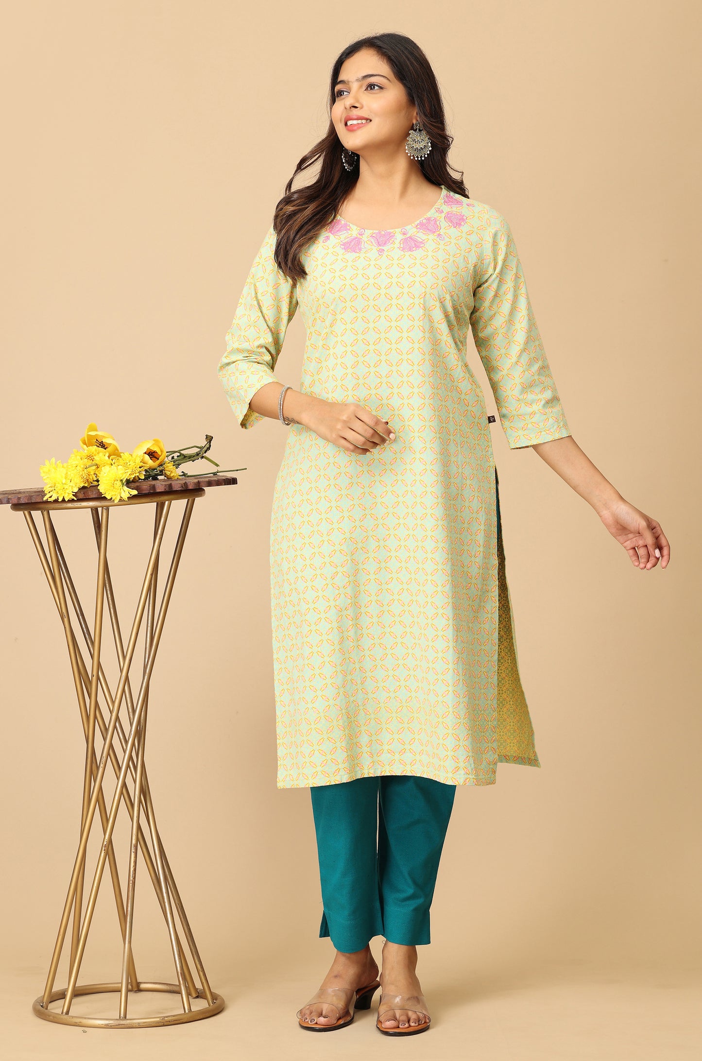 Lemon Khadi Print with Neck Embroidery Kurti