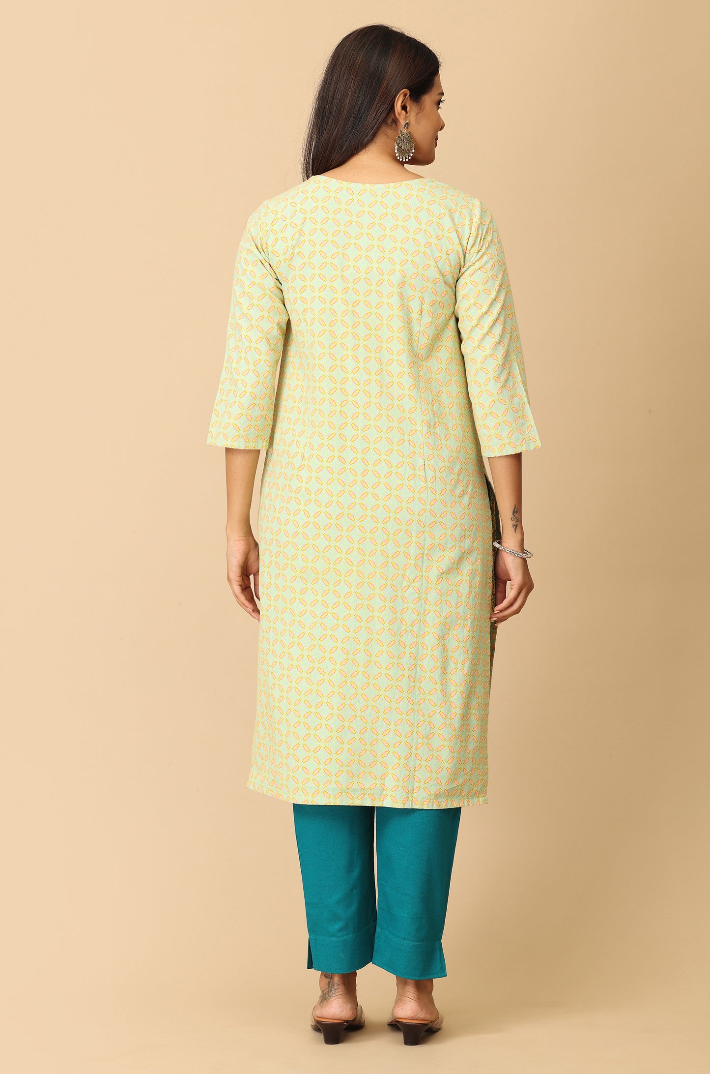 Lemon Khadi Print with Neck Embroidery Kurti
