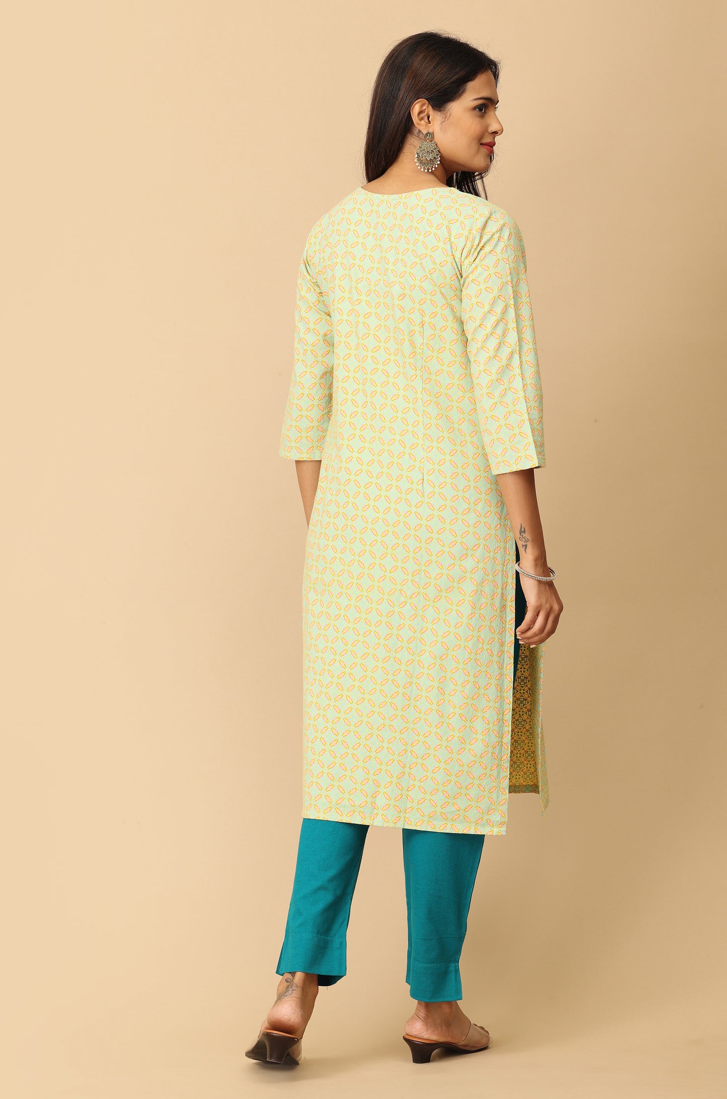 Lemon Khadi Print with Neck Embroidery Kurti