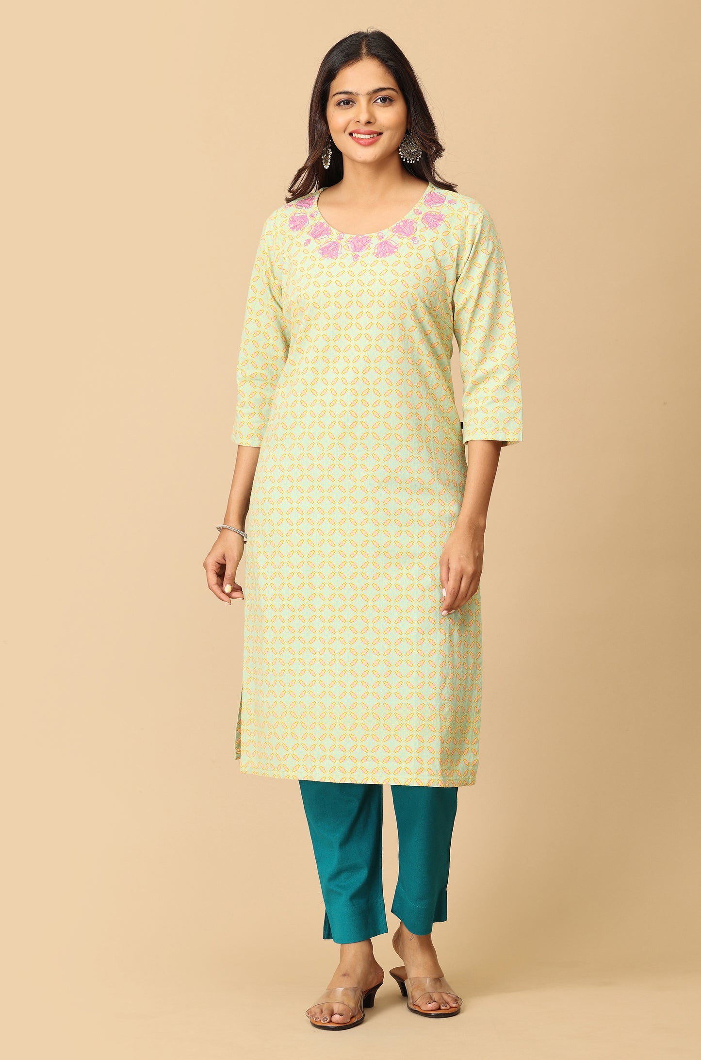 Lemon Khadi Print with Neck Embroidery Kurti