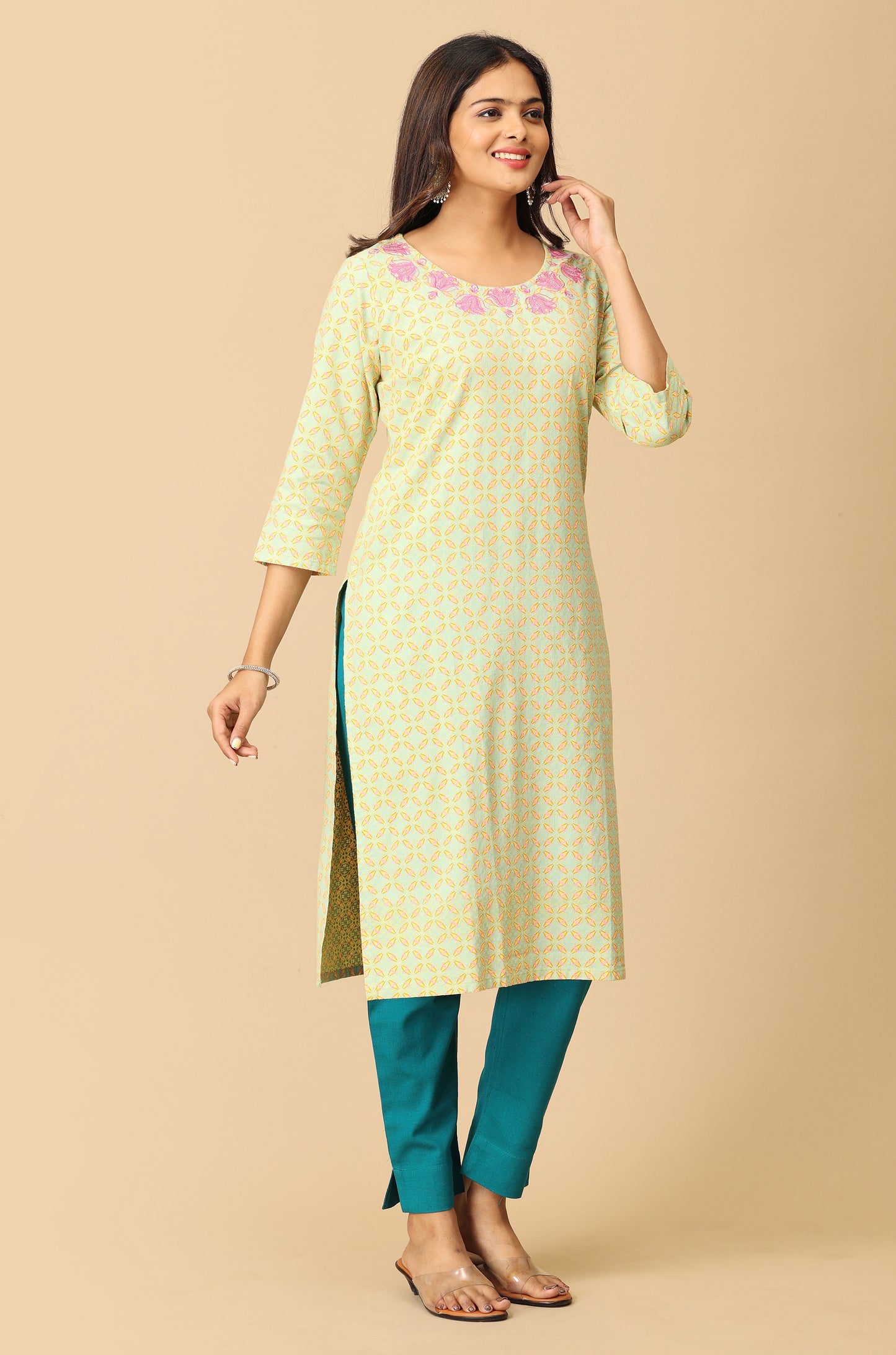 Lemon Khadi Print with Neck Embroidery Kurti