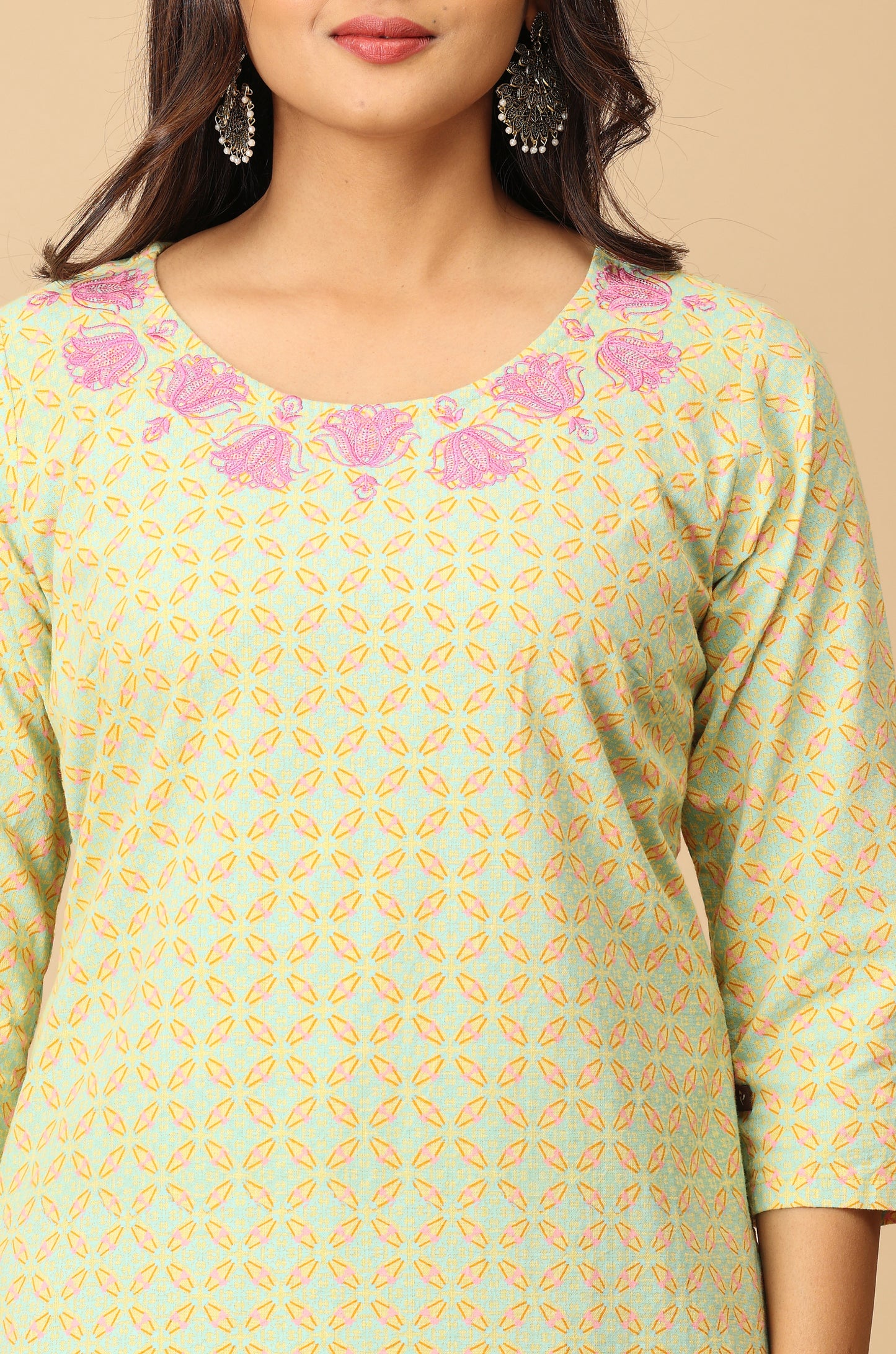 Lemon Khadi Print with Neck Embroidery Kurti