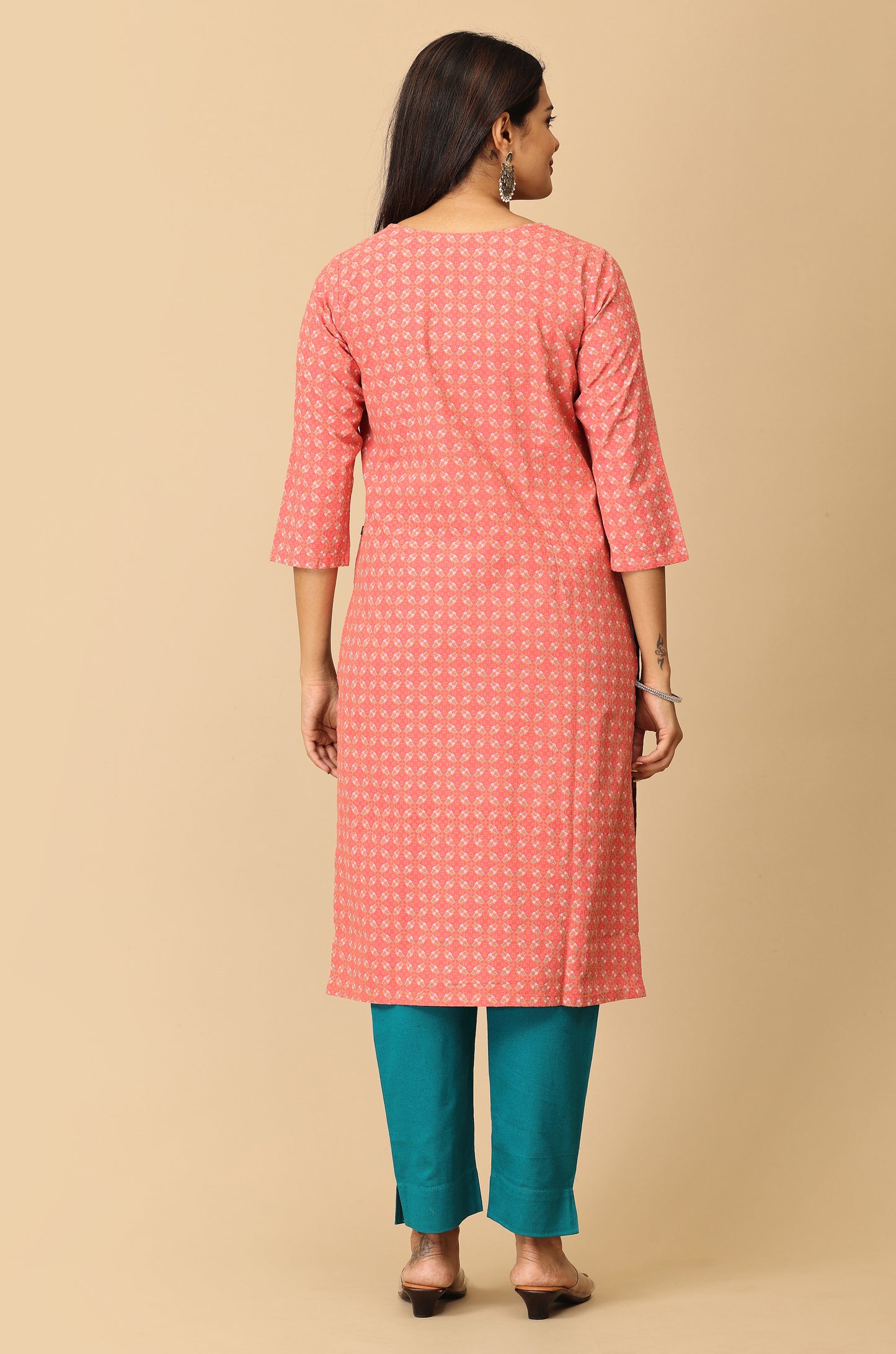 Peach Khadi Print with Neck Embroidery Kurti