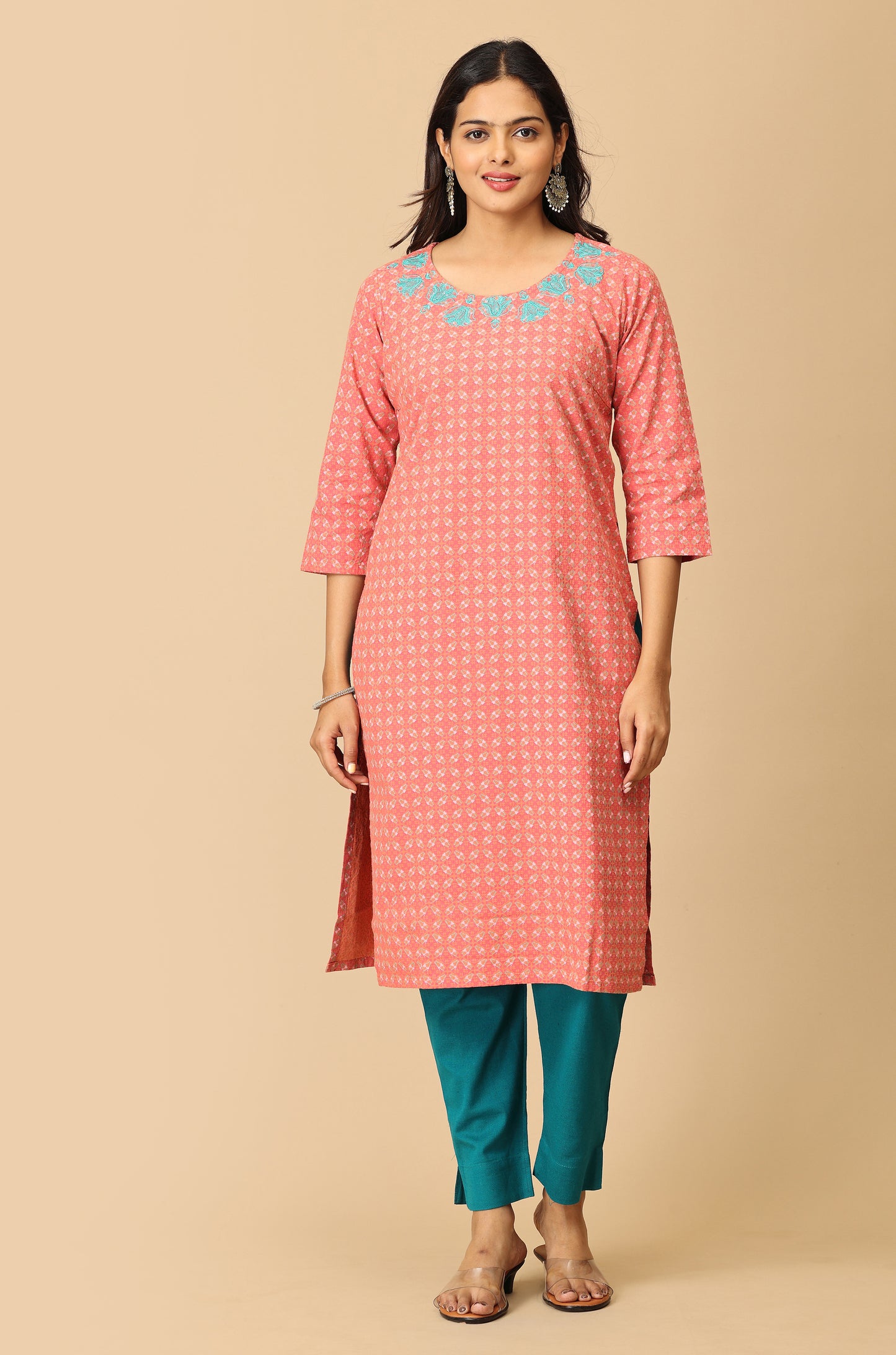Peach Khadi Print with Neck Embroidery Kurti