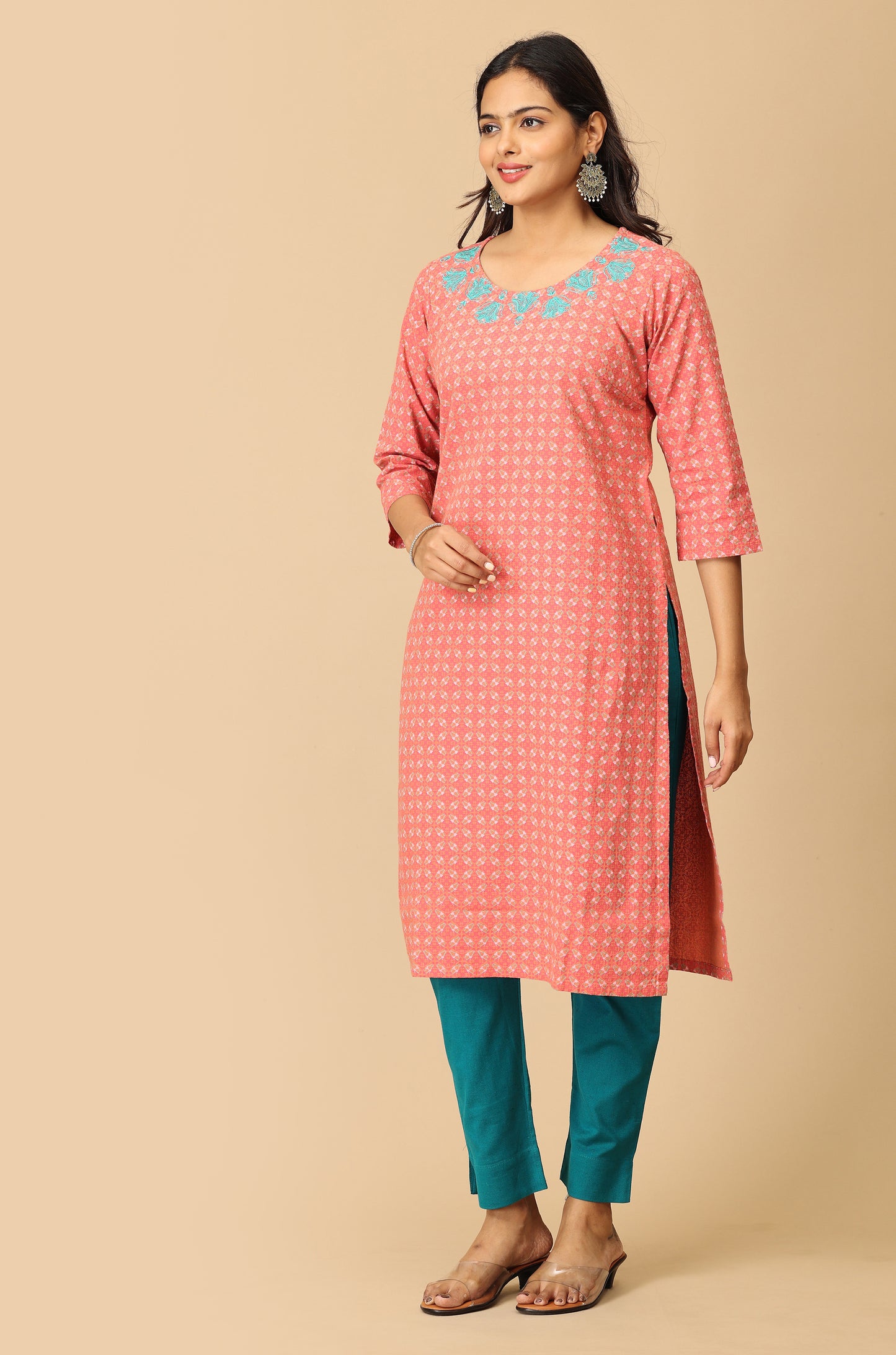 Peach Khadi Print with Neck Embroidery Kurti