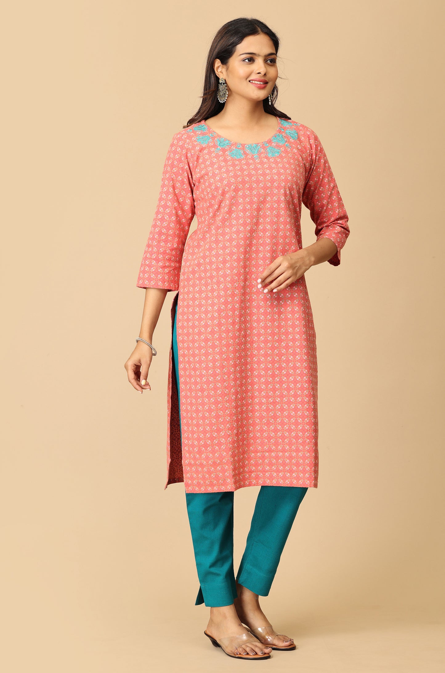 Peach Khadi Print with Neck Embroidery Kurti