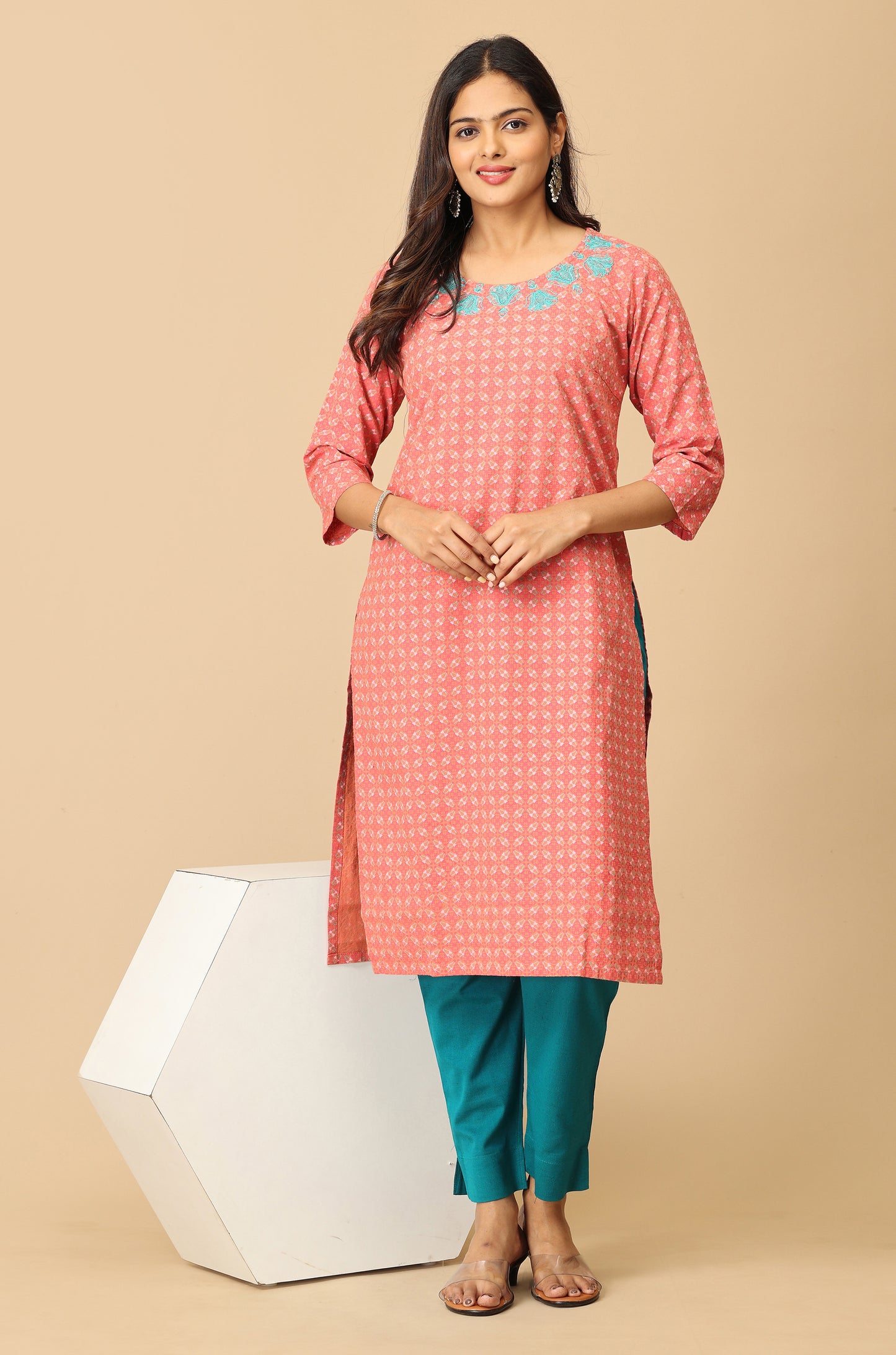 Peach Khadi Print with Neck Embroidery Kurti
