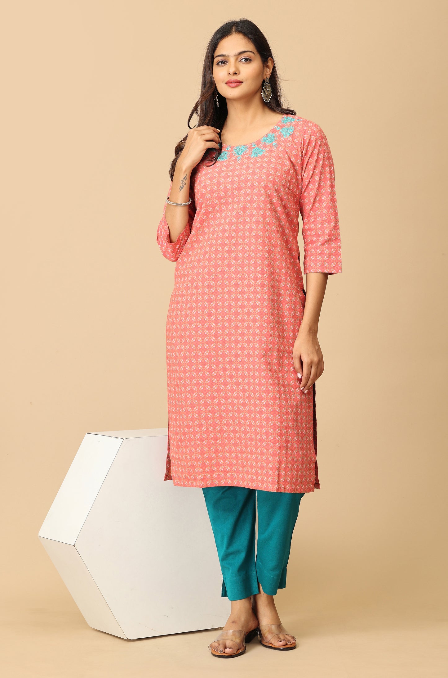 Peach Khadi Print with Neck Embroidery Kurti