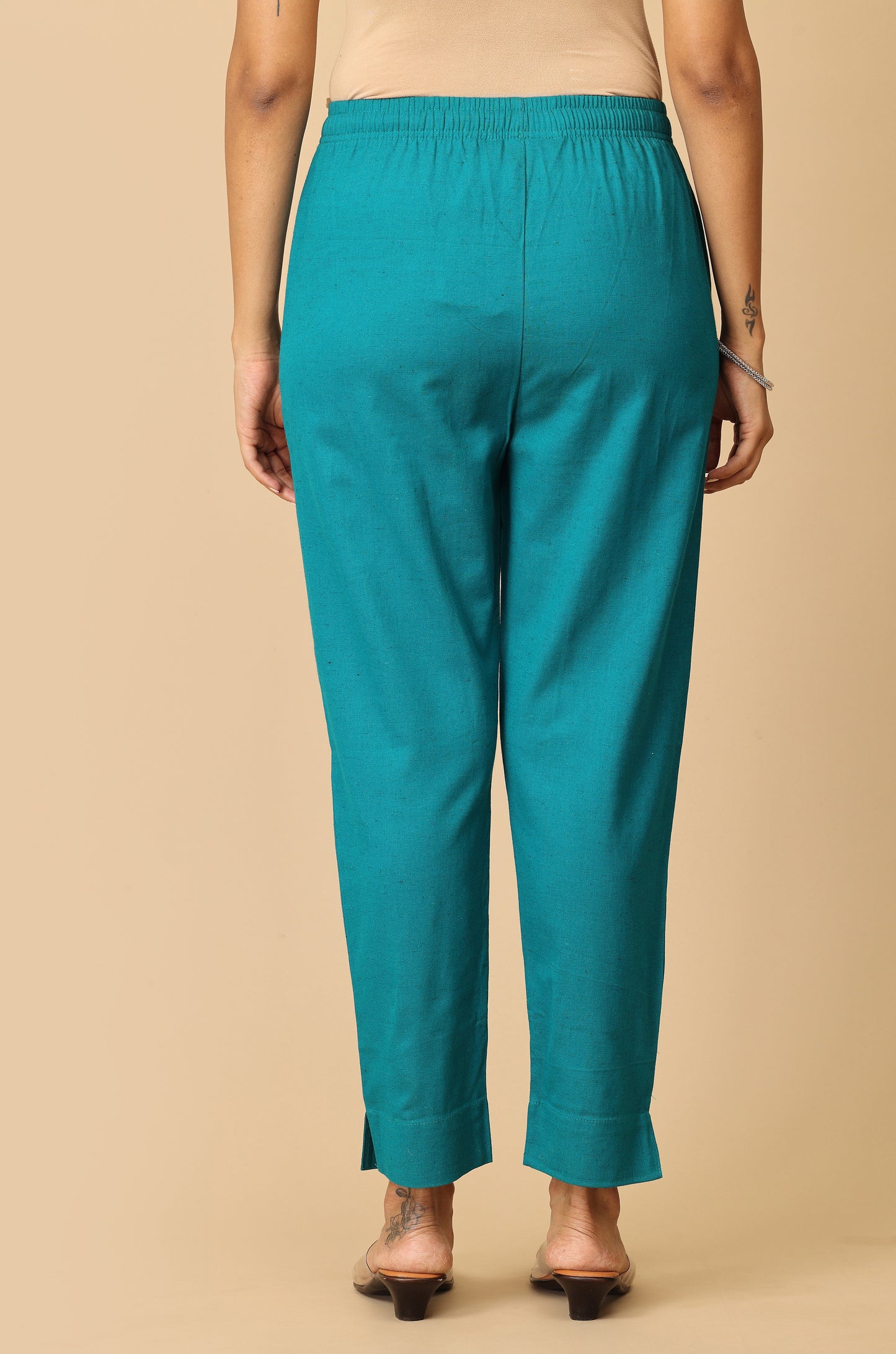Teal Cotton Trouser Fit with Drawstring Cigarette Pant