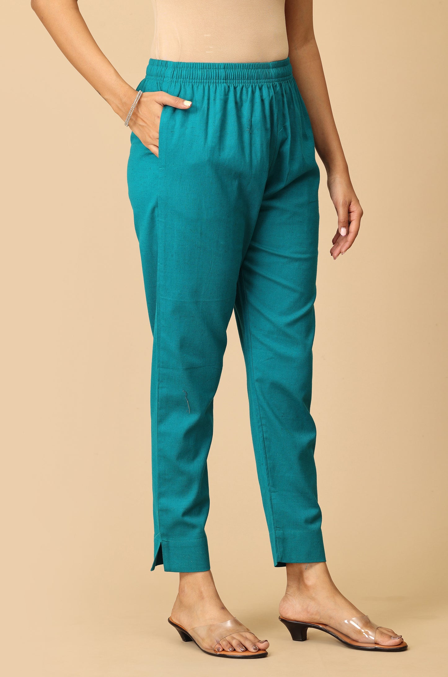 Teal Cotton Trouser Fit with Drawstring Cigarette Pant