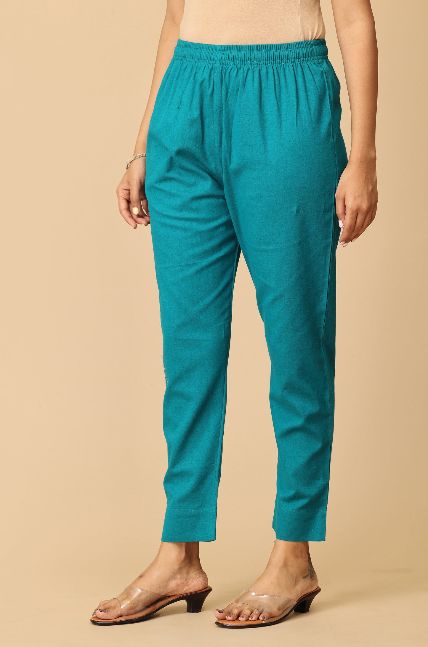 Teal Cotton Trouser Fit with Drawstring Cigarette Pant
