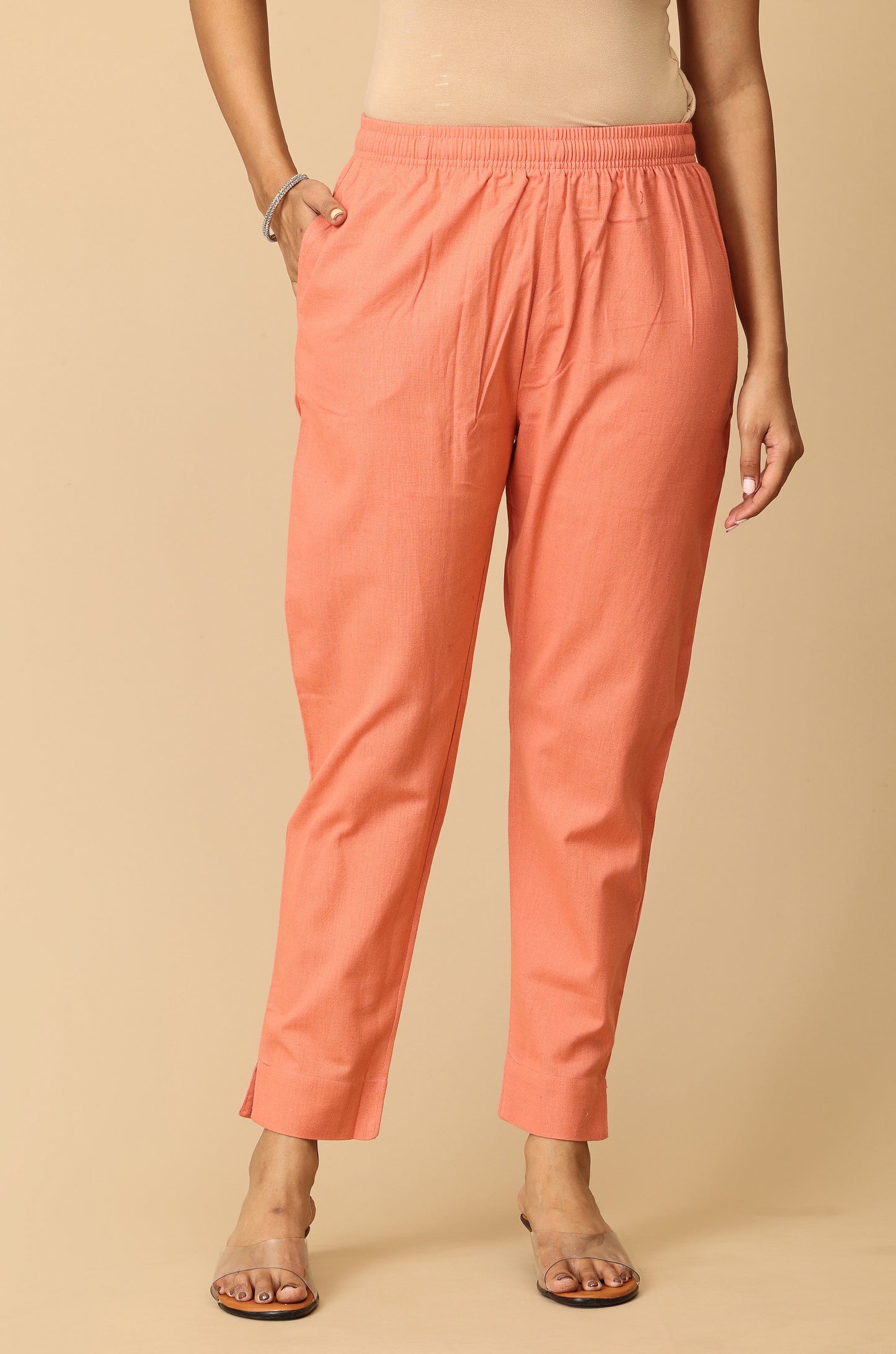 Peach Cotton Trouser Fit with Drawstring Cigarette Pant