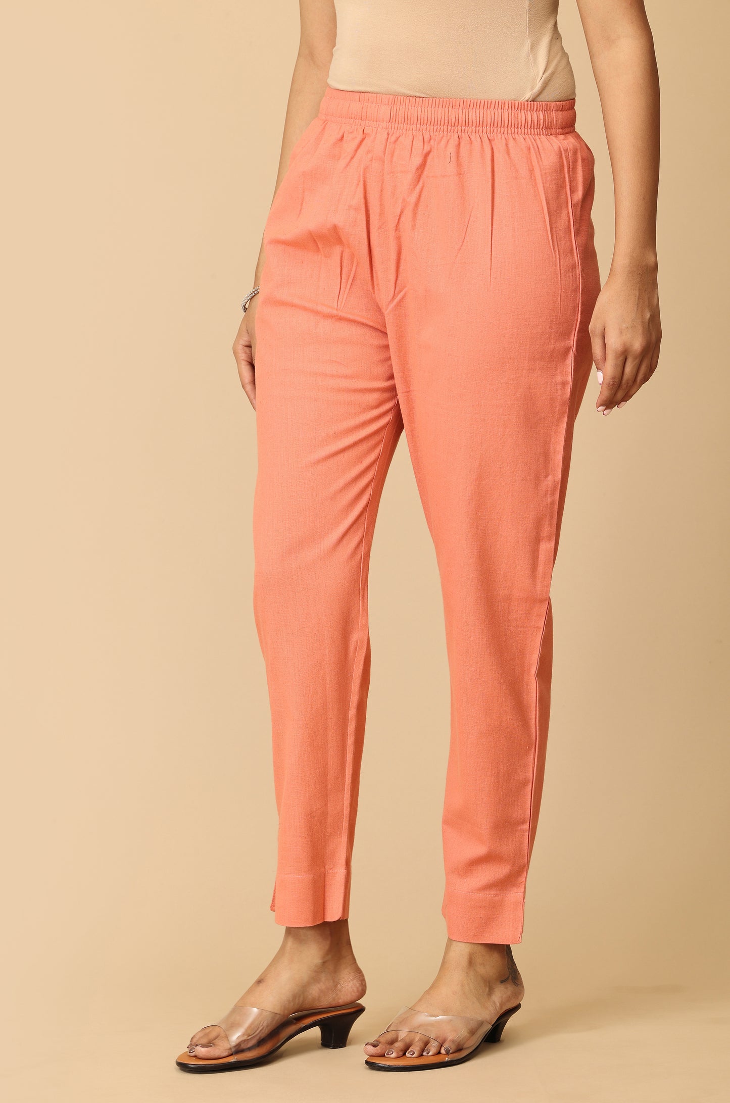Peach Cotton Trouser Fit with Drawstring Cigarette Pant