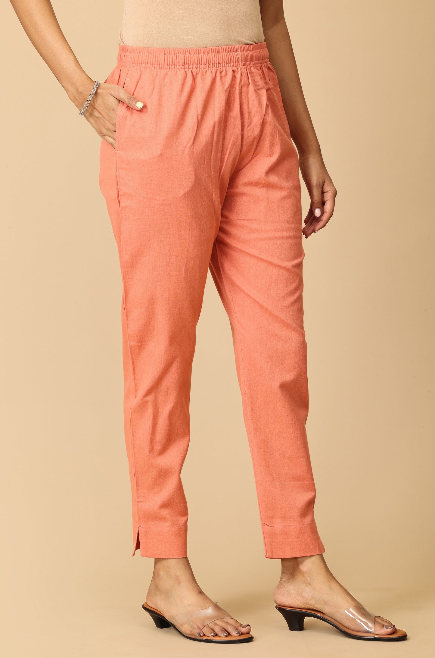 Peach Cotton Trouser Fit with Drawstring Cigarette Pant