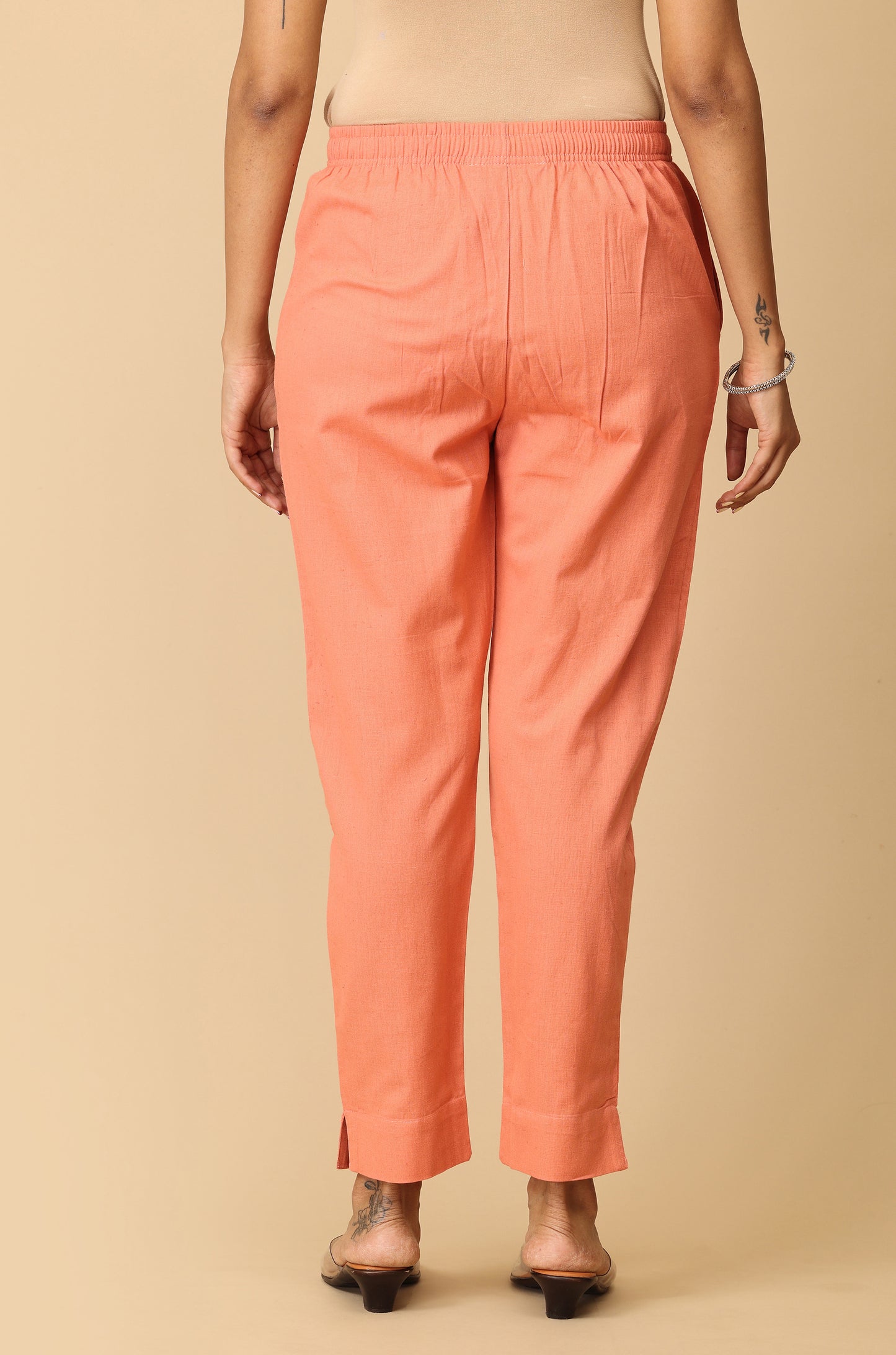 Peach Cotton Trouser Fit with Drawstring Cigarette Pant