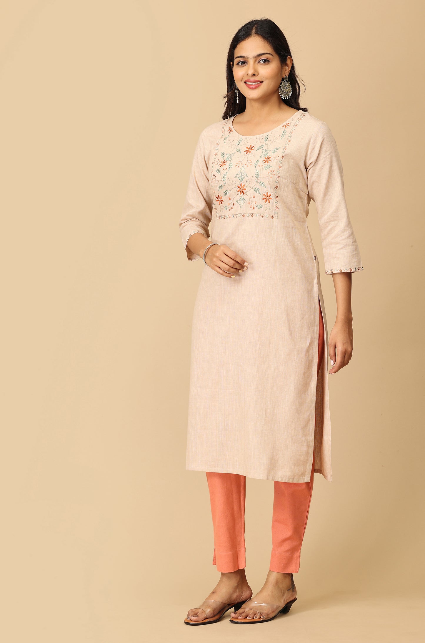 Beige Khadi Embroidery Kurti