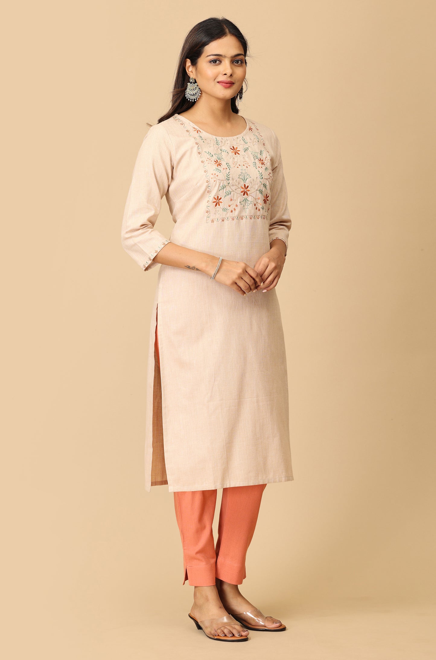 Beige Khadi Embroidery Kurti