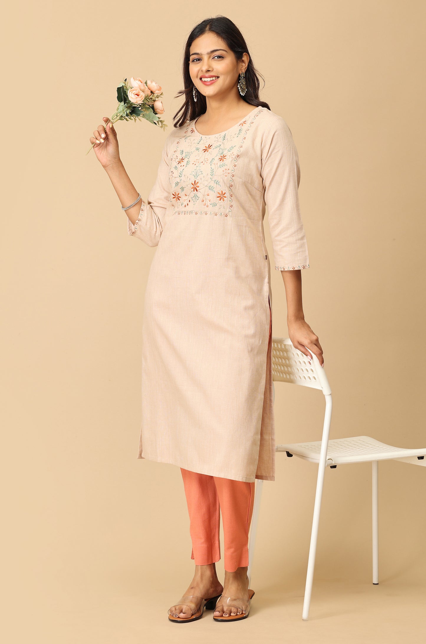 Beige Khadi Embroidery Kurti