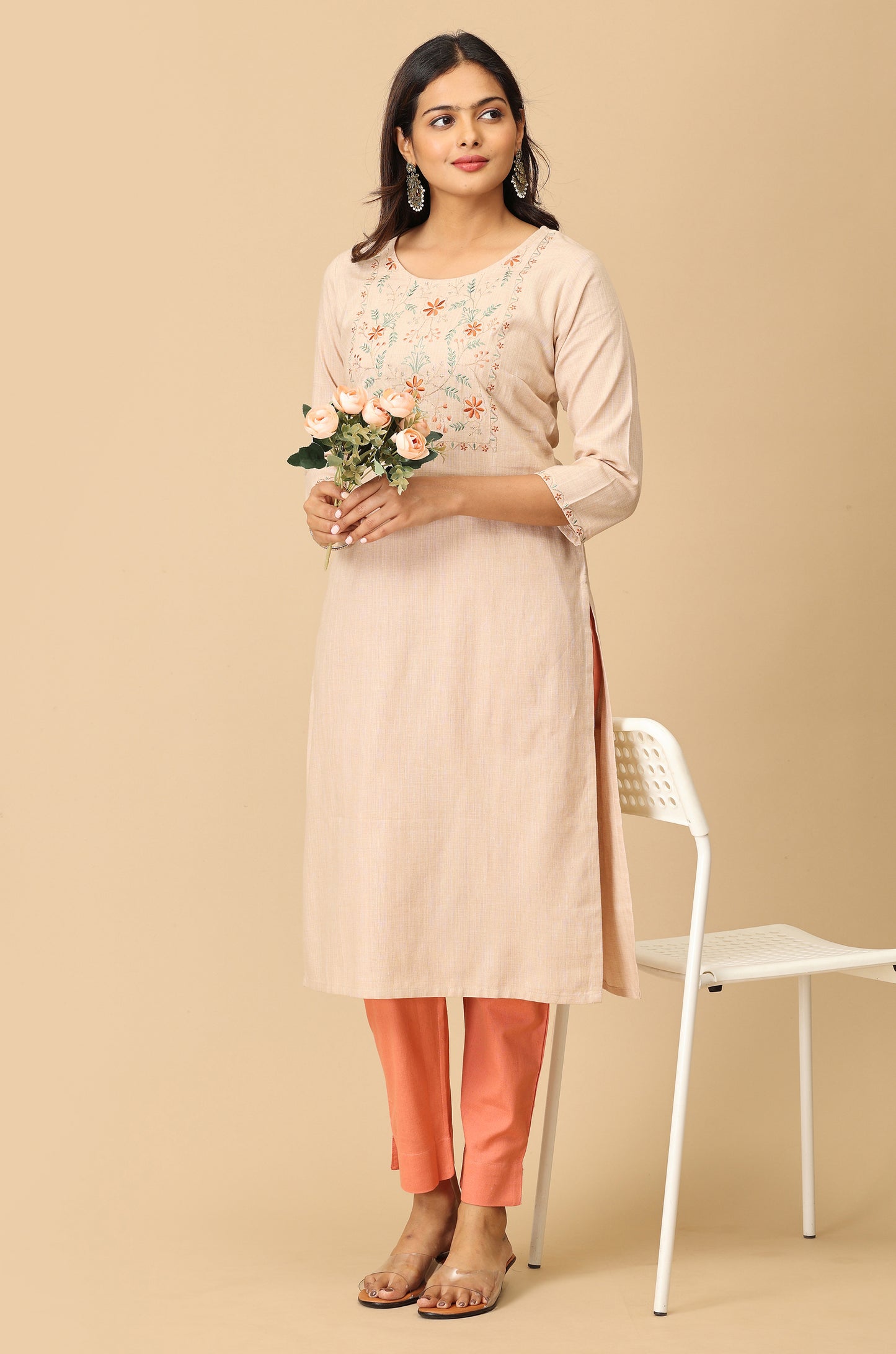 Beige Khadi Embroidery Kurti