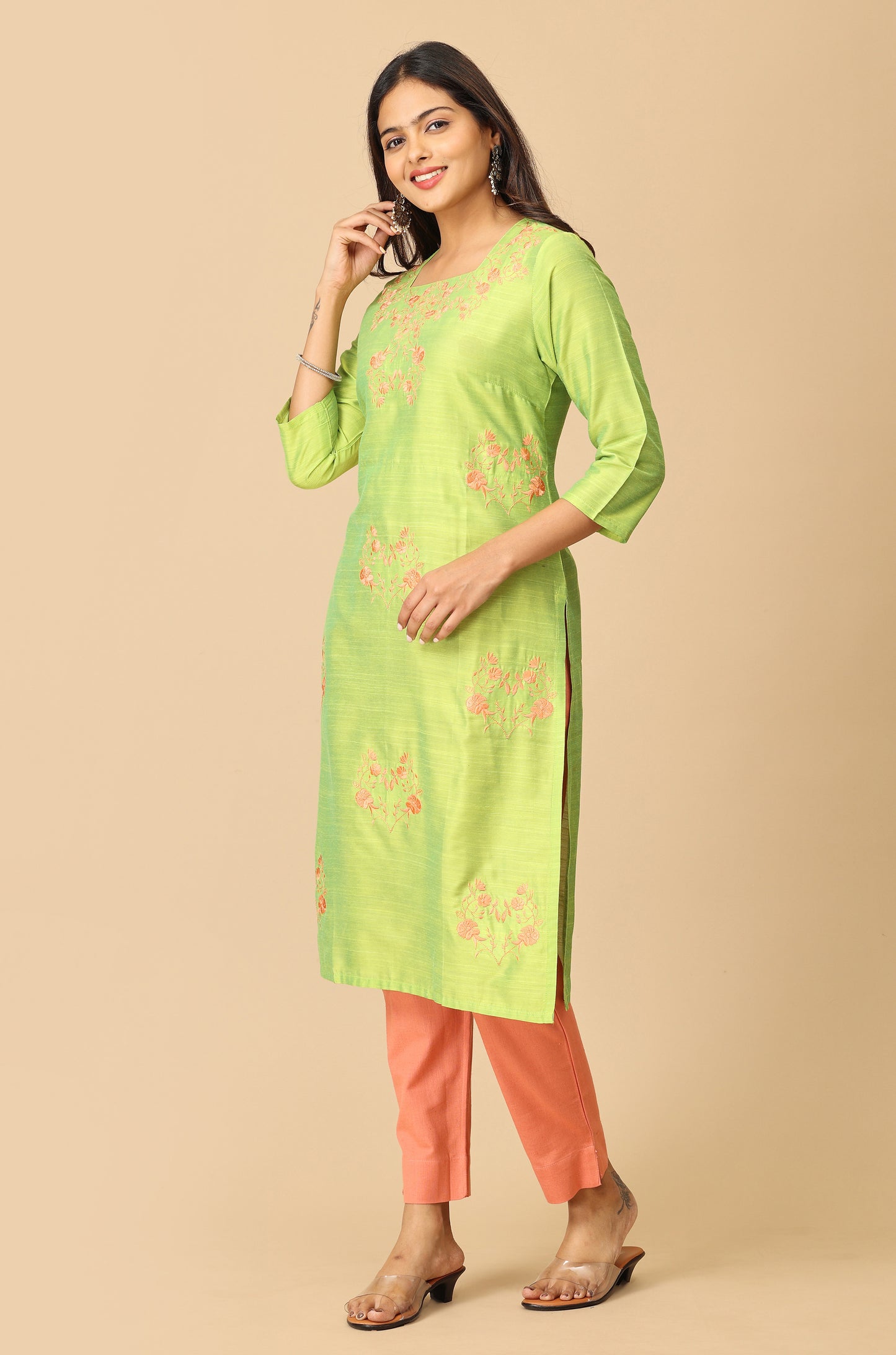 Lime Green Slub Silk All Over Embroidery Kurti