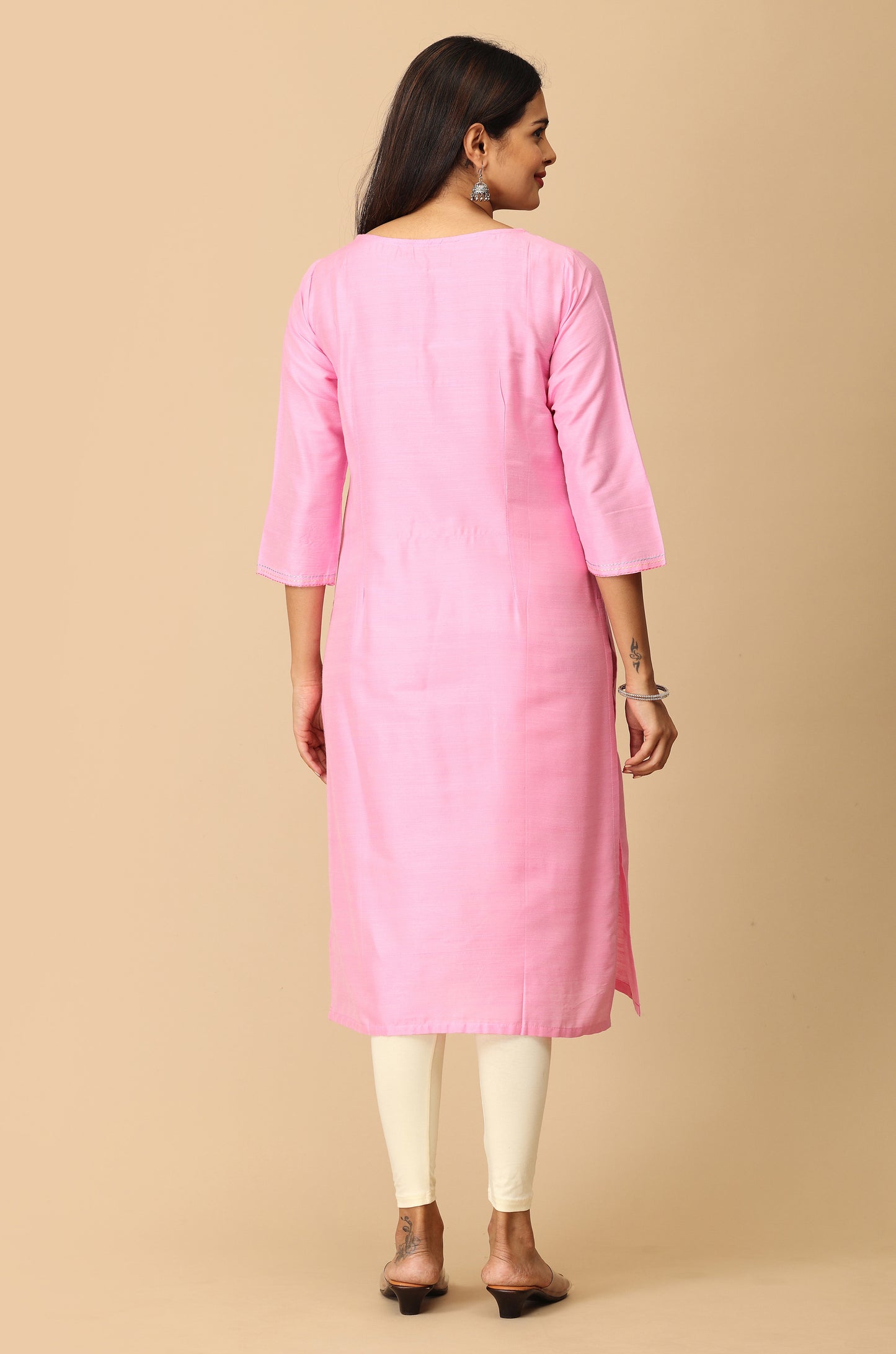 Baby Pink Slub Silk Embroidery with Button & Tassel Kurti
