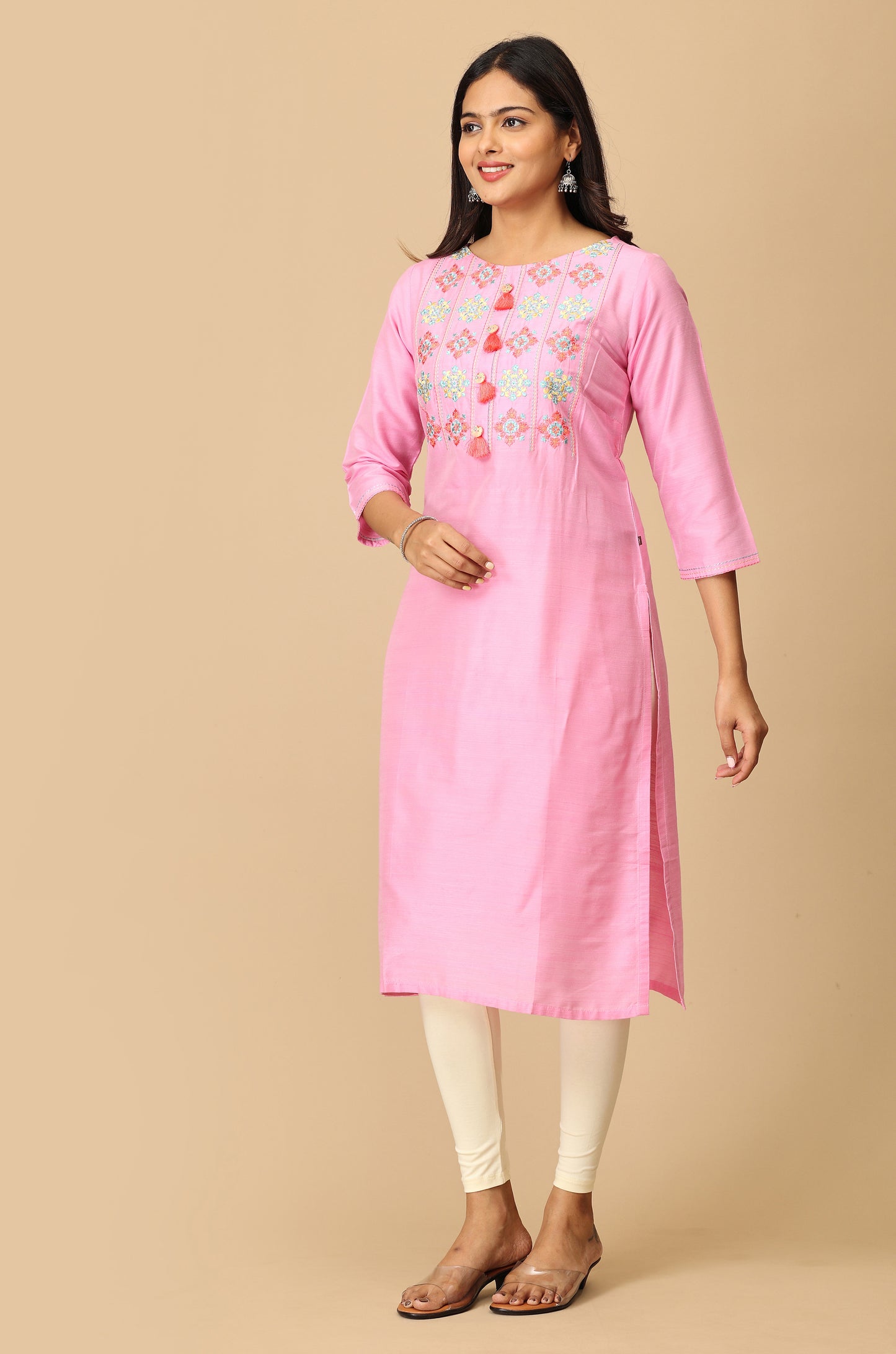 Baby Pink Slub Silk Embroidery with Button & Tassel Kurti
